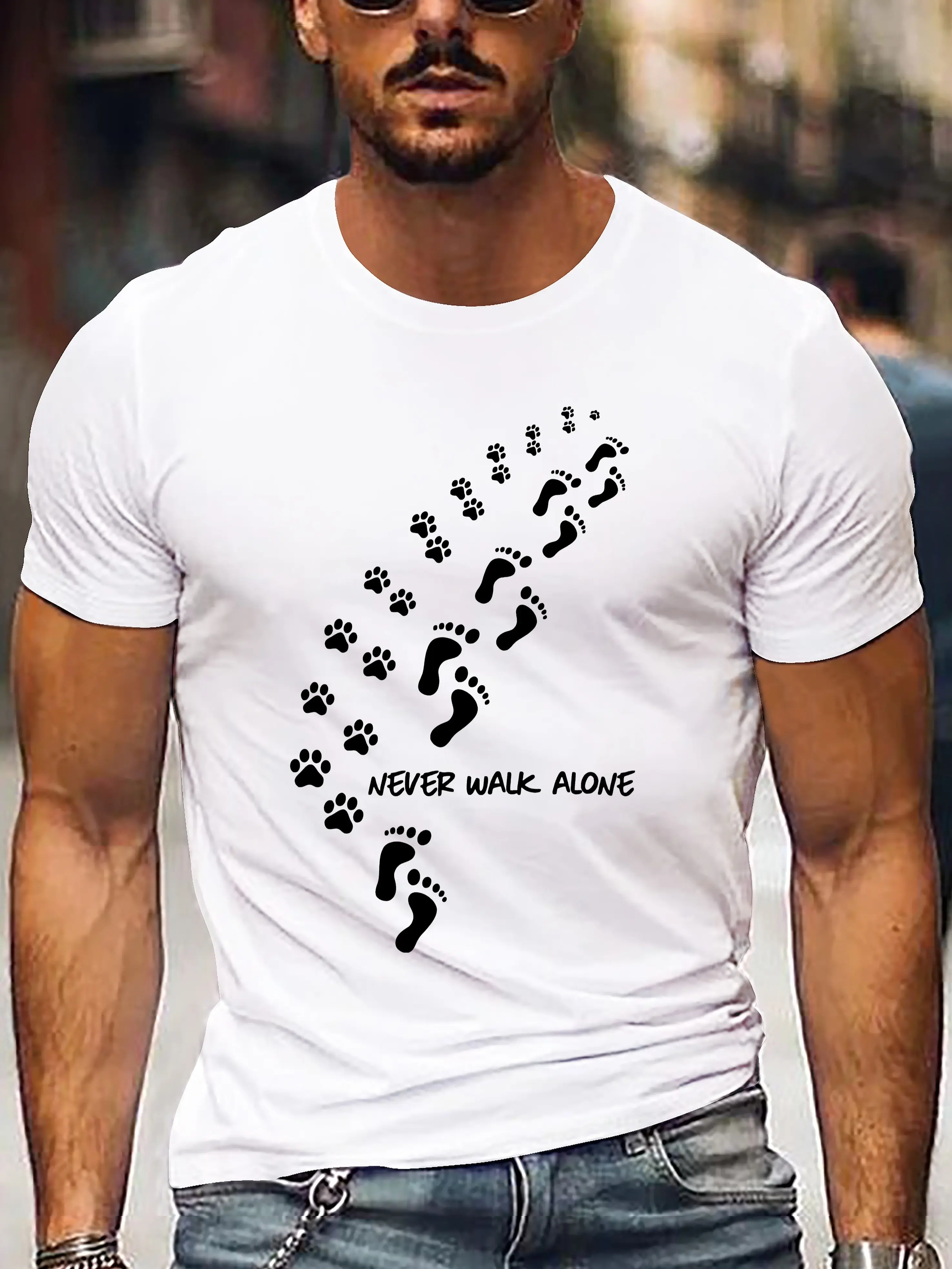 Men's Summer 100% Cotton Fashion Sports Leisure Loose NEVER WALK ALONE Printed Round Neck Short Sleeve T-shirt Top Printed