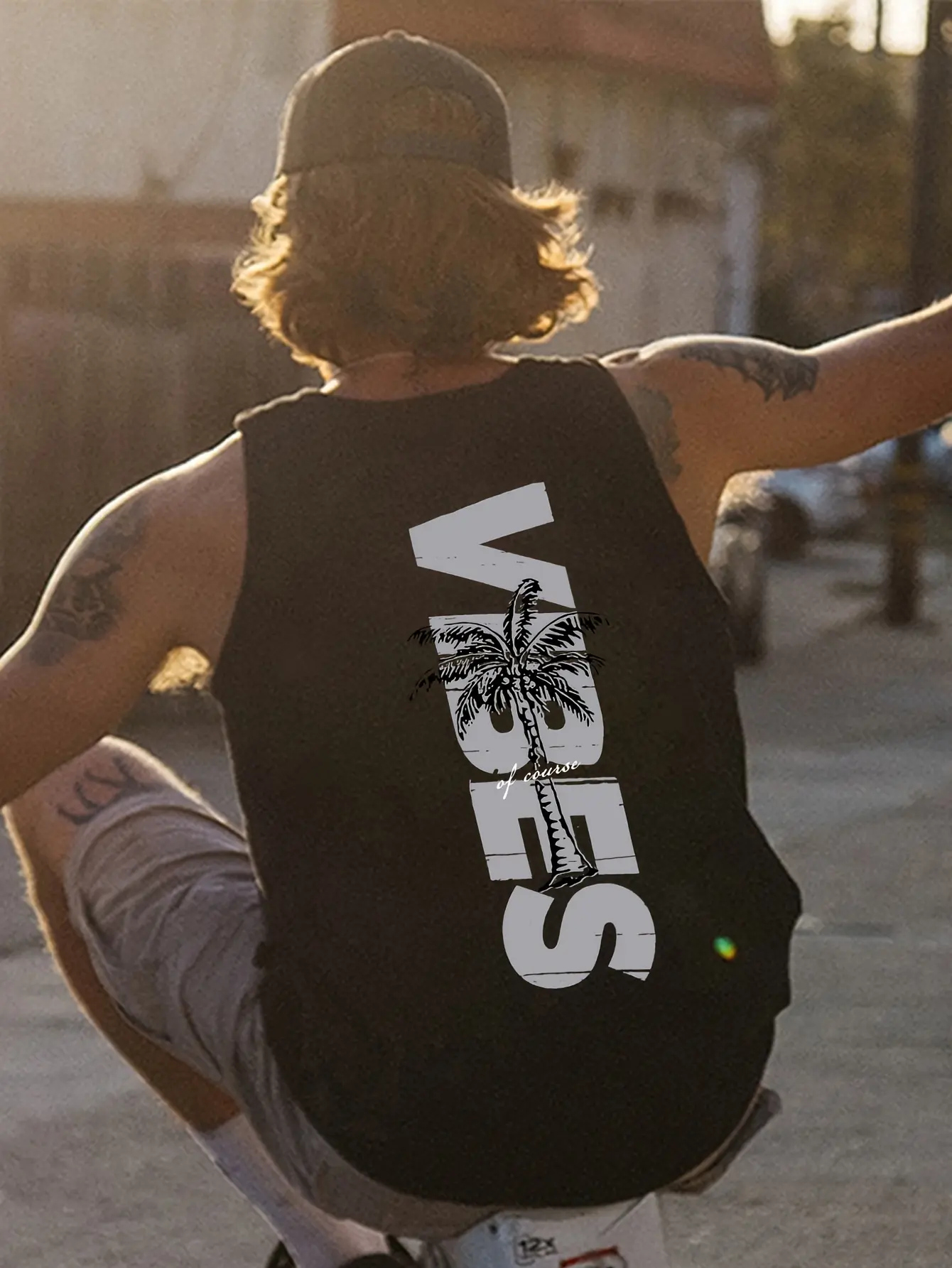 Men's summer casual sports loose coconut tree pattern dual sided printed comfortable and breathable round neck sleeveless vest