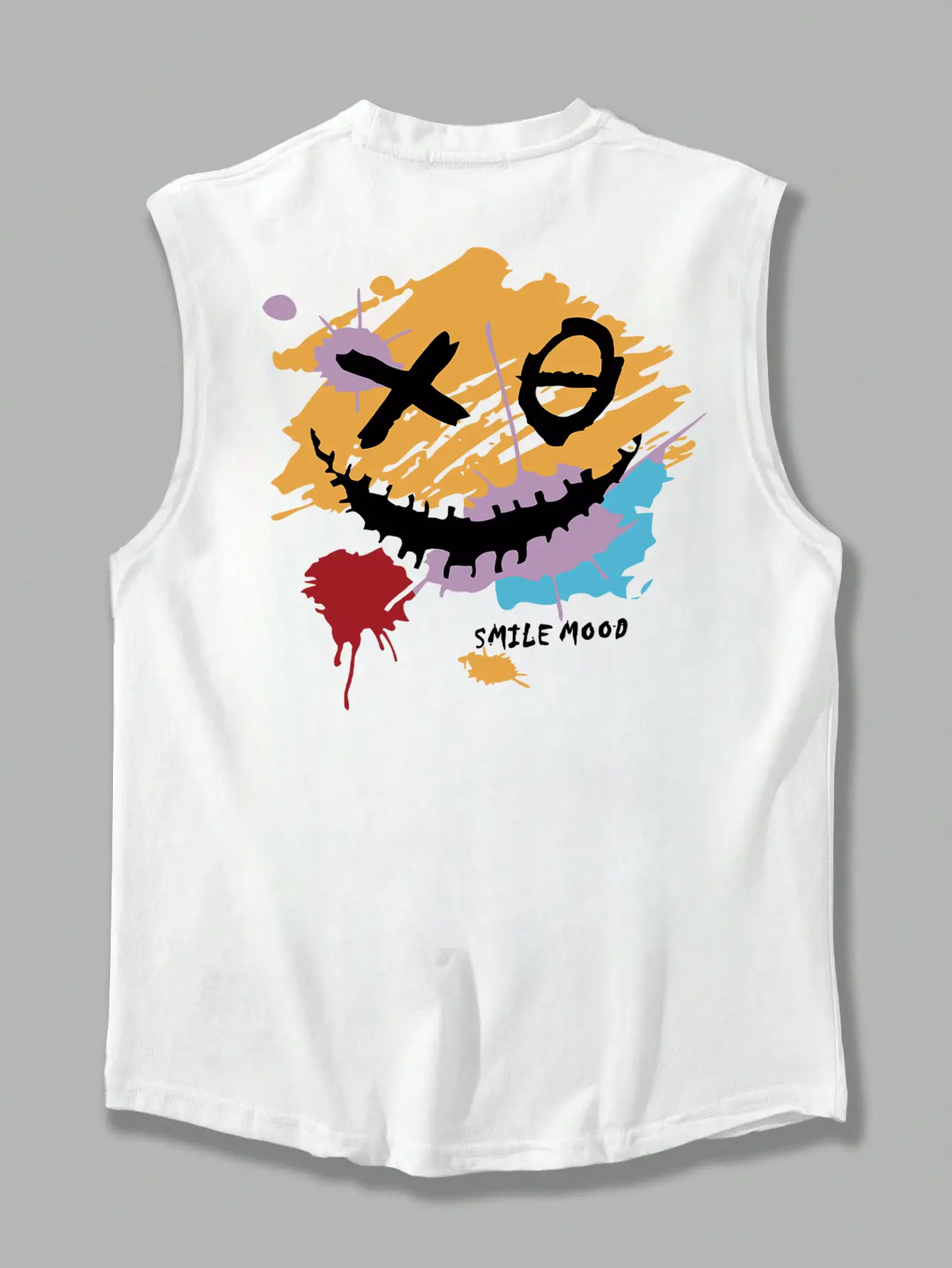 Men's summer fashionable casual sports loose smiling face pattern printed comfortable and breathable round neck sleeveless vest