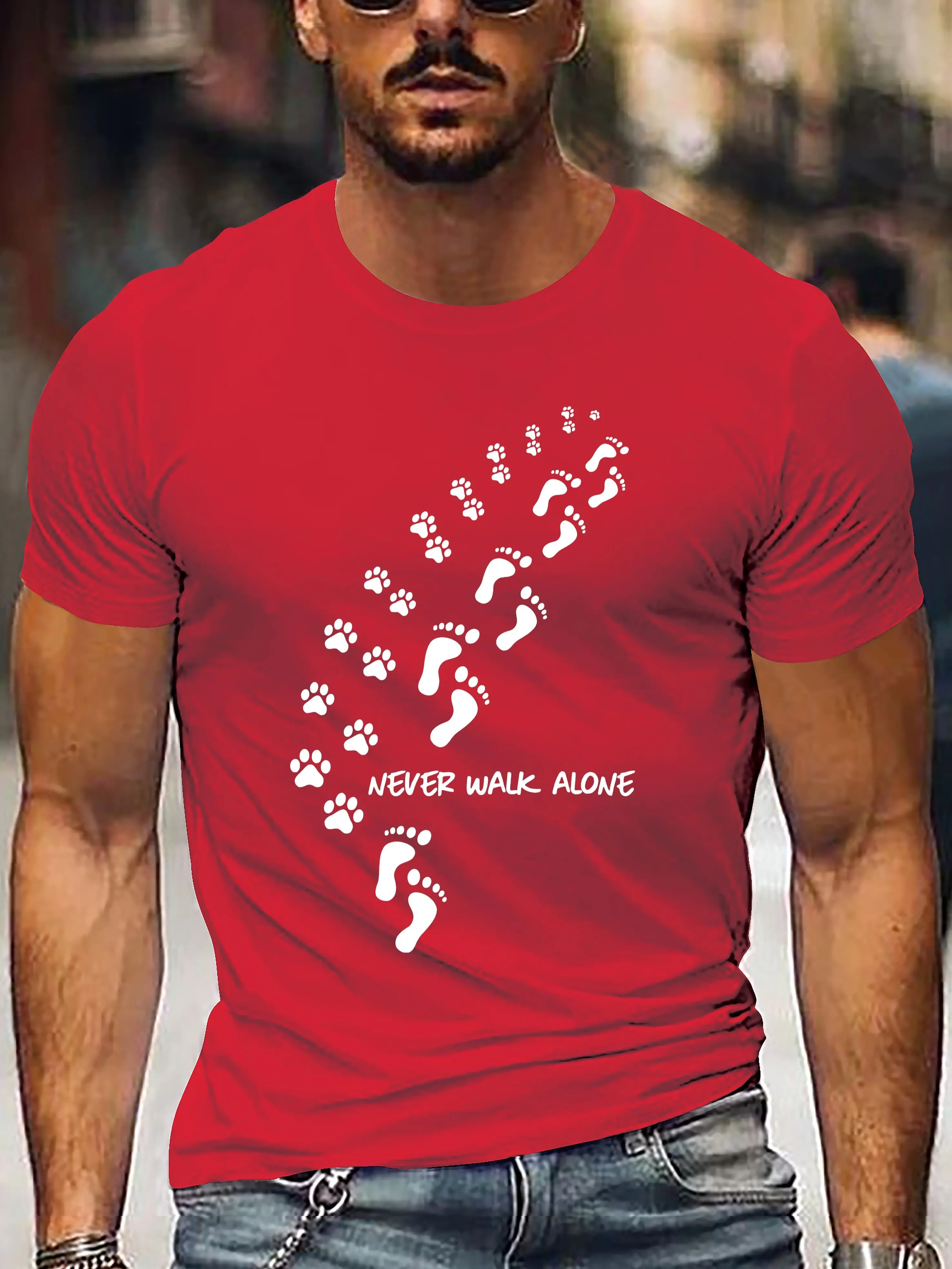 Men's Summer 100% Cotton Fashion Sports Leisure Loose NEVER WALK ALONE Printed Round Neck Short Sleeve T-shirt Top Printed