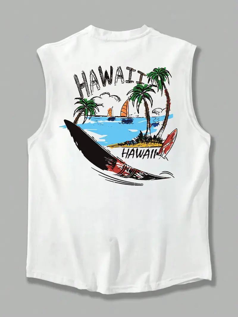 Men's summer casual sports fitness loose hawaiian print comfortable and breathable round neck sleeveless vest