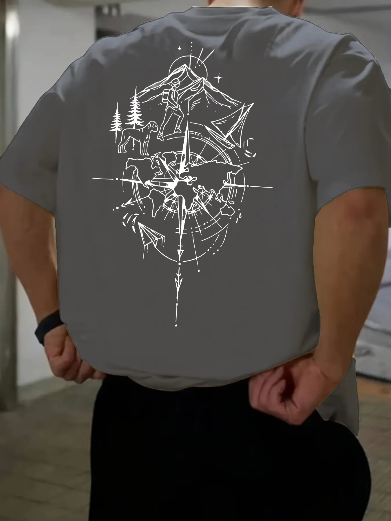 Men's summer 100% pure cotton fashionable casual loose fit plus size compass world map printed round neck short sleeved T-shirt
