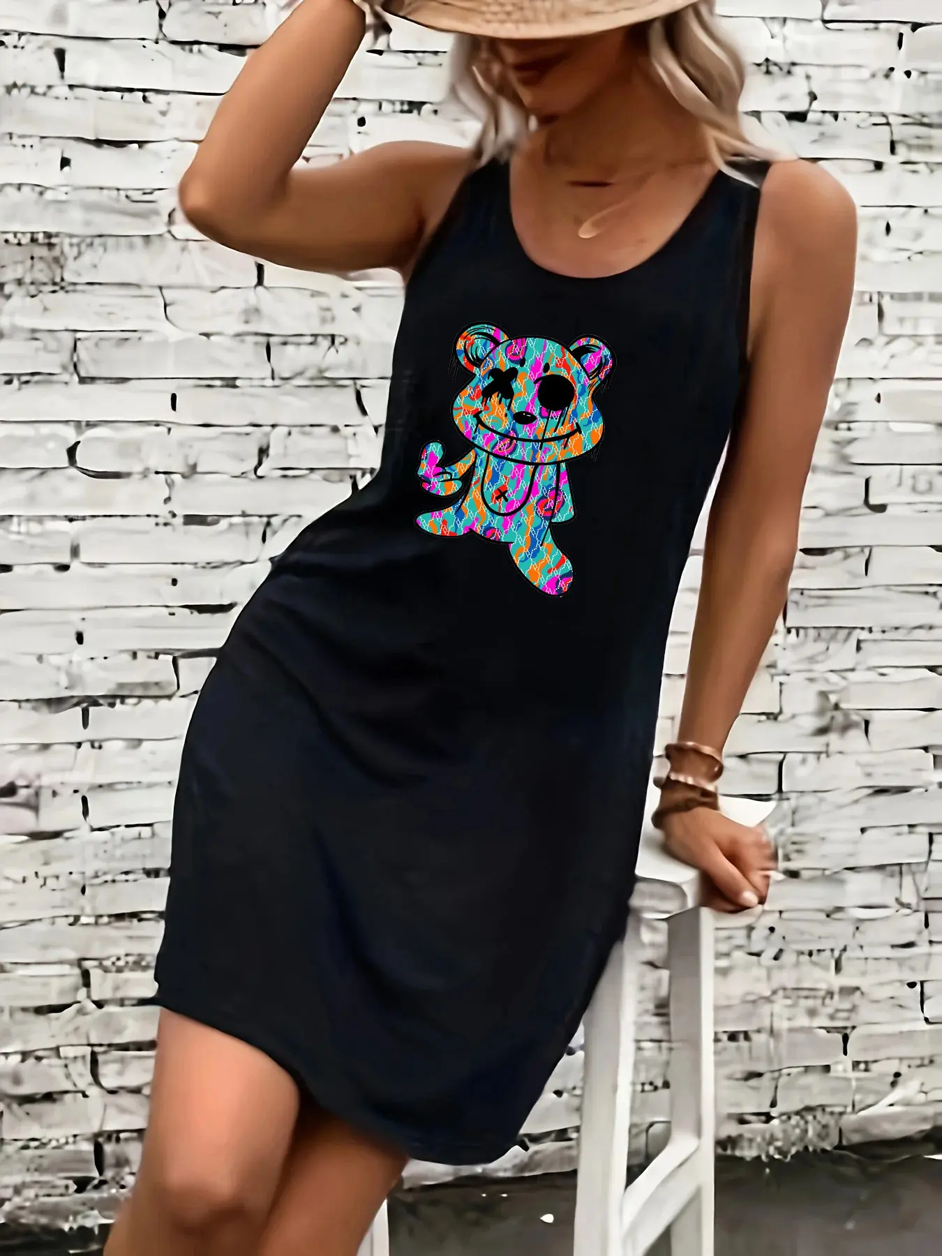 Women's summer loose and comfortable casual cartoon dog pattern printed black sleeveless vest skirt punk style dress