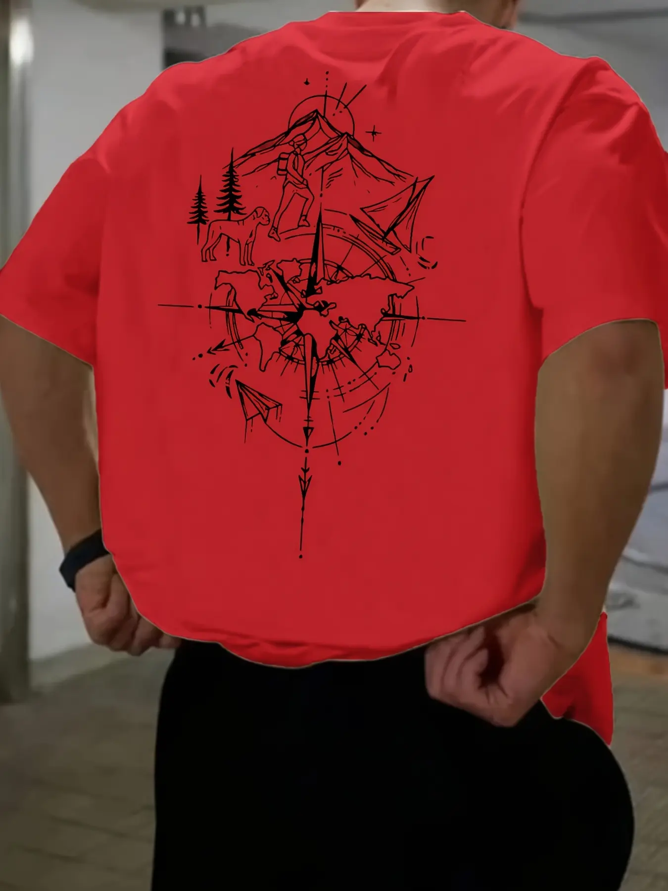 Men's summer 100% pure cotton fashionable casual loose fit plus size compass world map printed round neck short sleeved T-shirt