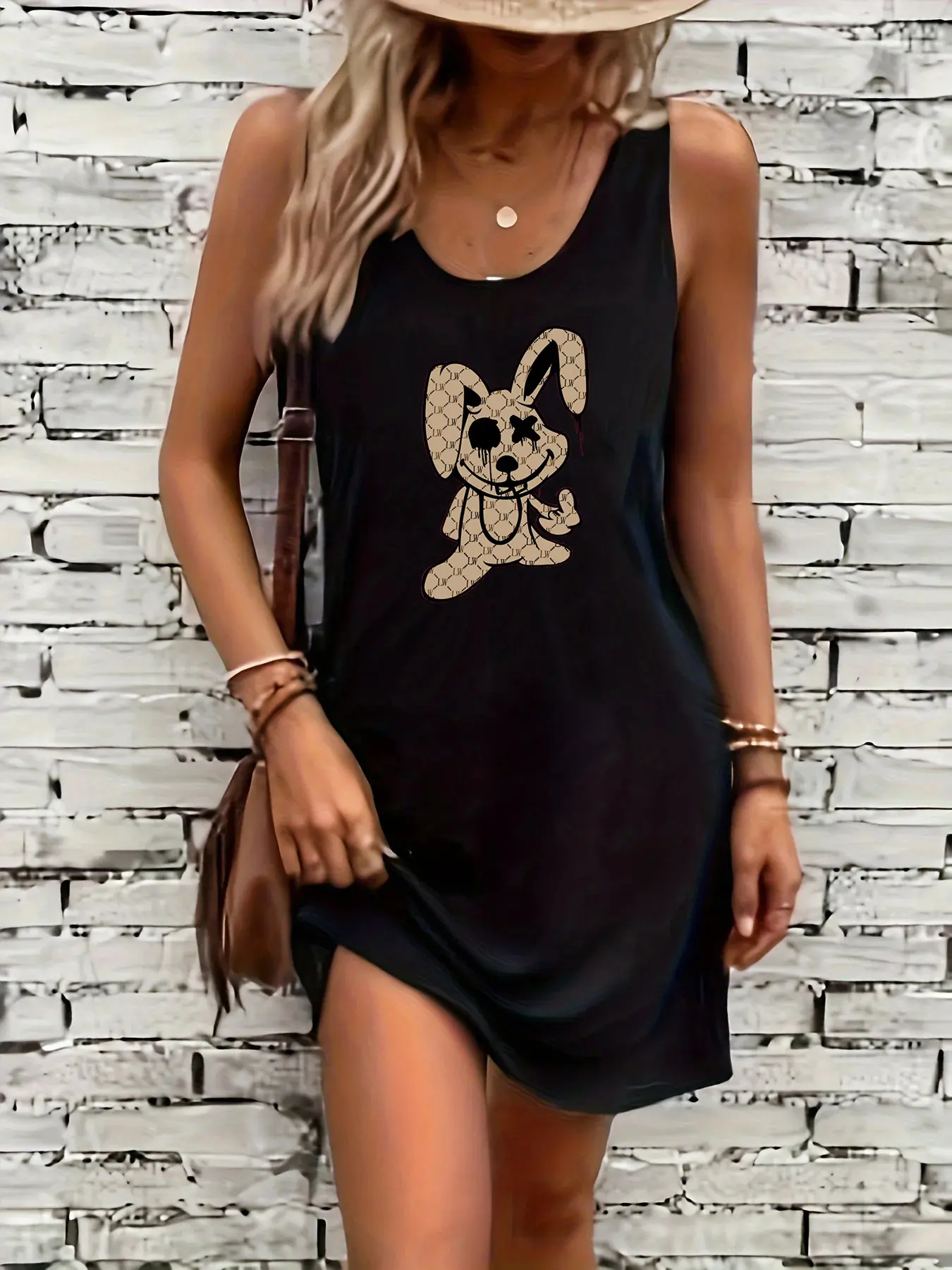 Women's summer loose and comfortable casual cartoon dog pattern printed black sleeveless vest skirt punk style dress