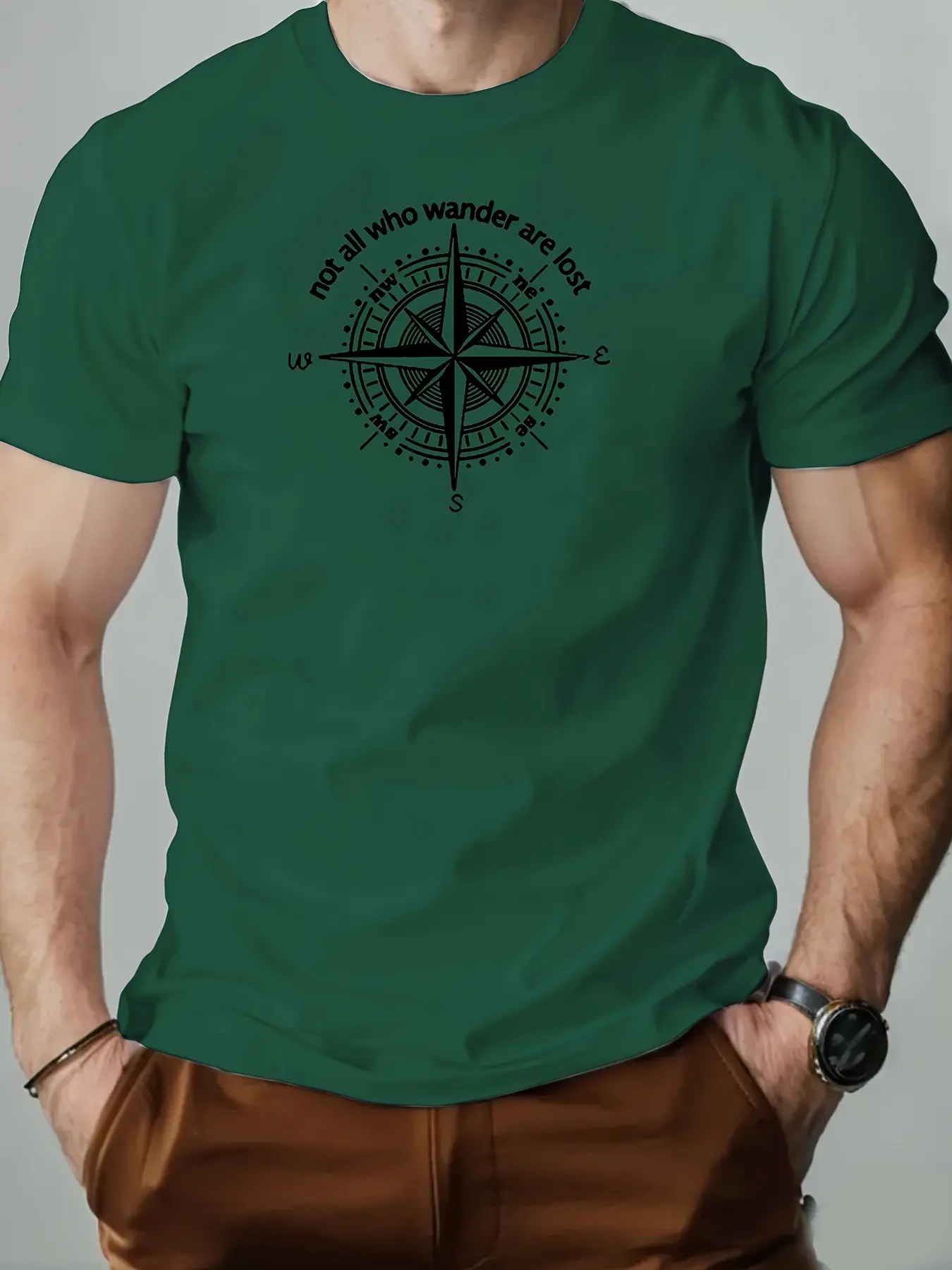 Men's summer 100% pure cotton fashionable casual sports loose compass pattern printed round neck short sleeved T-shirt top