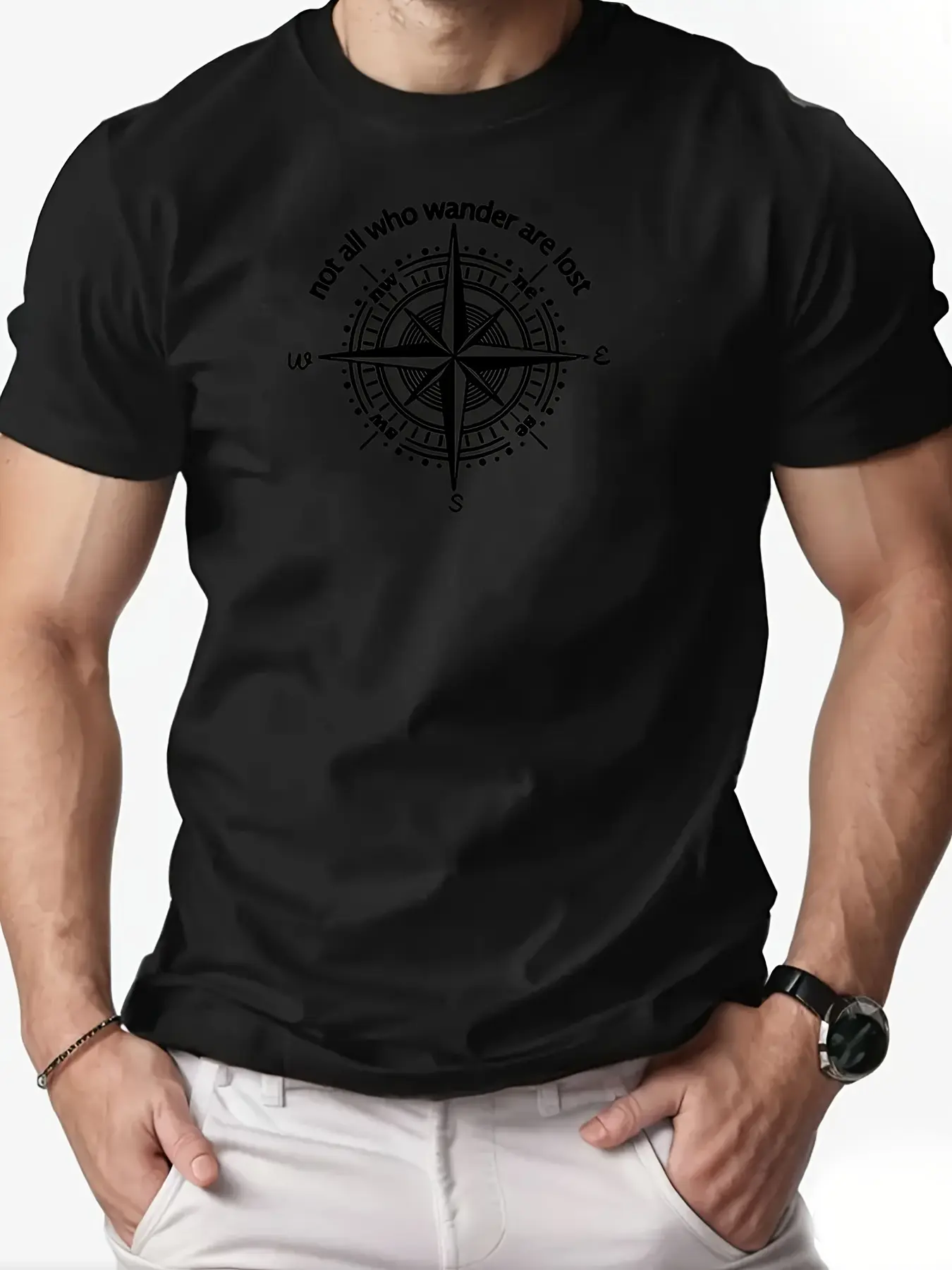 Men's summer 100% pure cotton fashionable casual sports loose compass pattern printed round neck short sleeved T-shirt top
