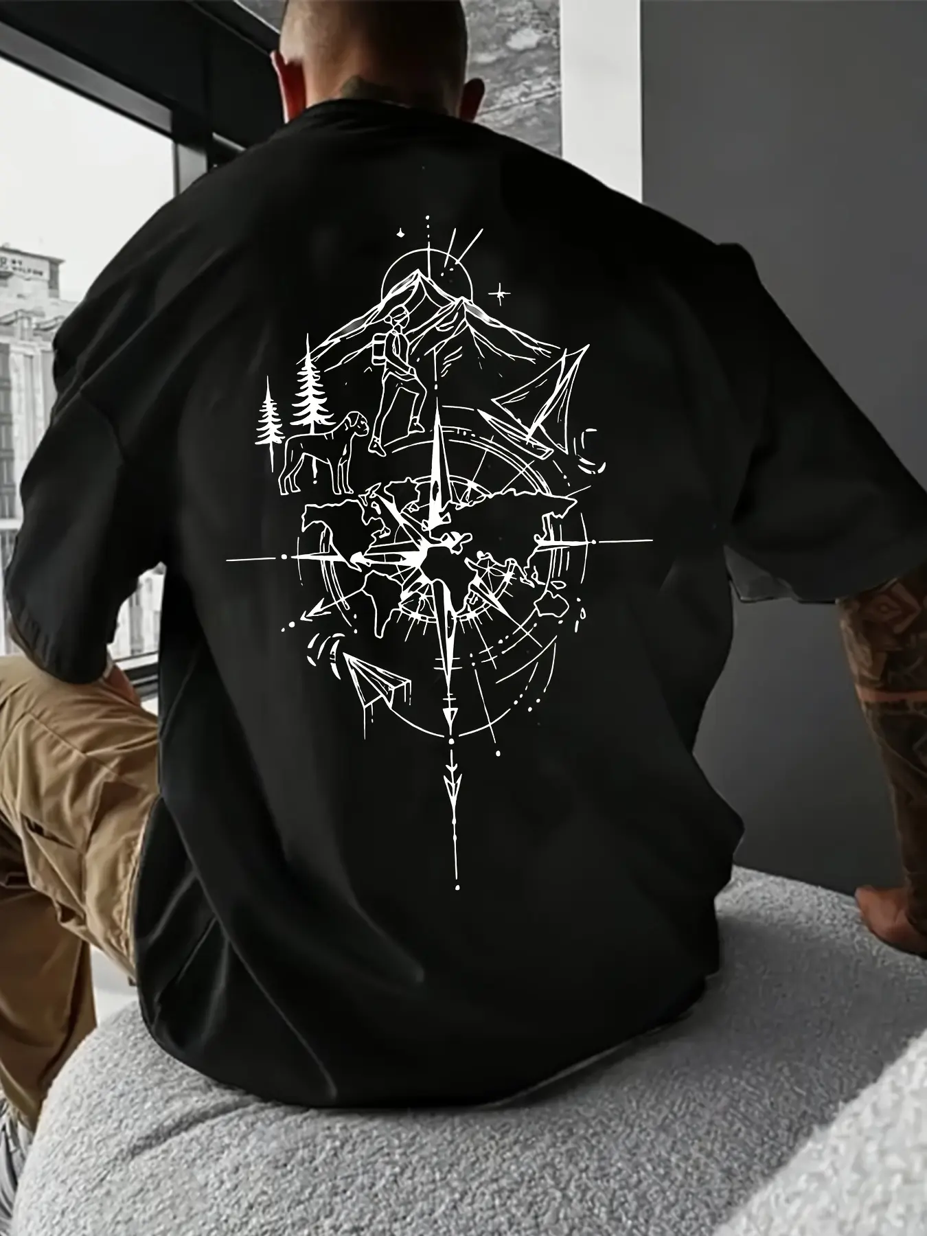 Men's summer 100% pure cotton fashionable casual loose fit plus size compass world map printed round neck short sleeved T-shirt