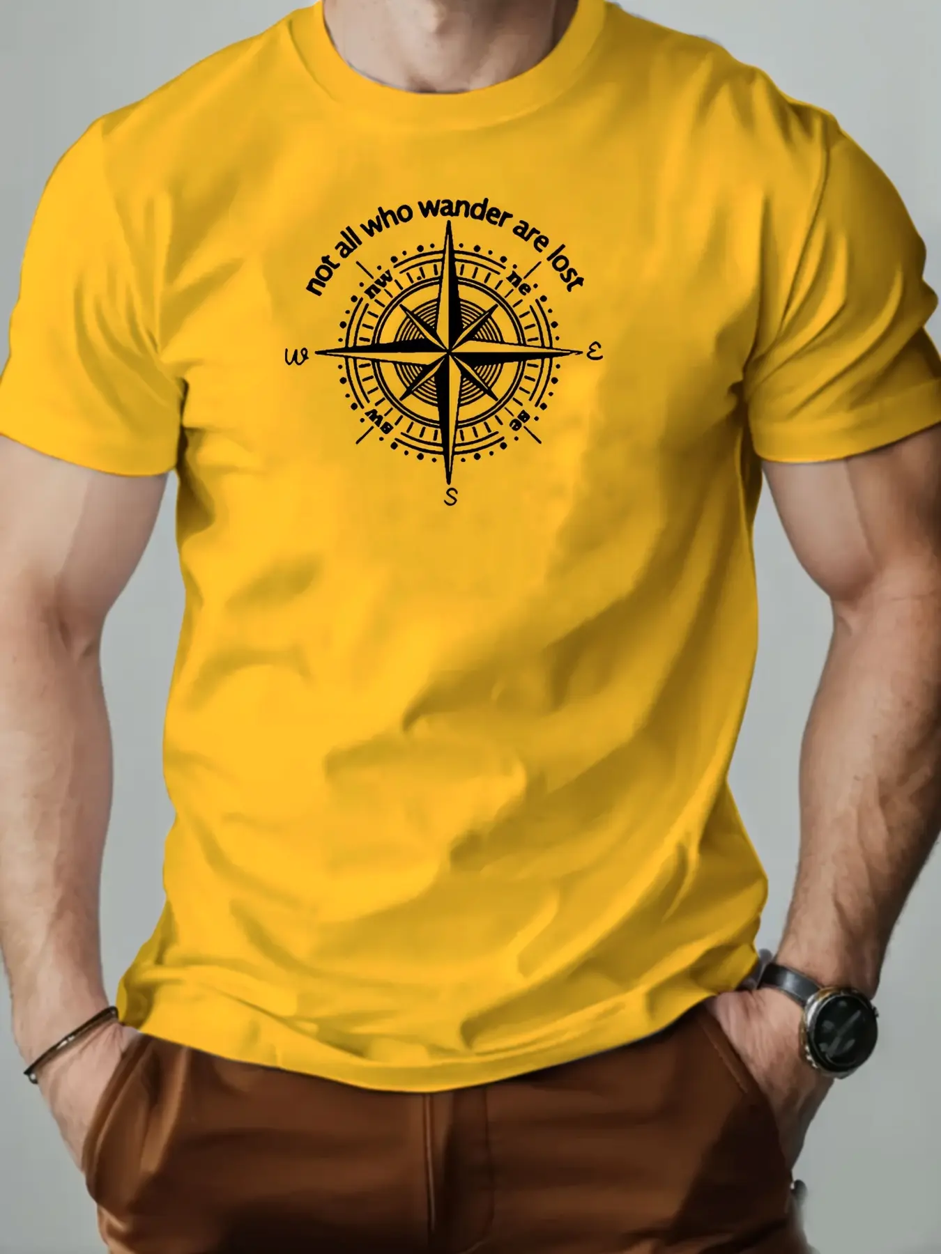 Men's summer 100% pure cotton fashionable casual sports loose compass pattern printed round neck short sleeved T-shirt top