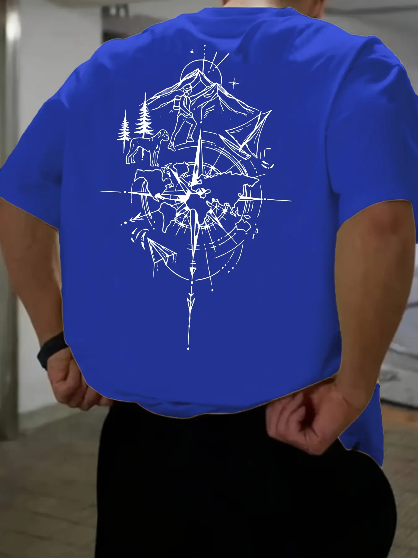 Men's summer 100% pure cotton fashionable casual loose fit plus size compass world map printed round neck short sleeved T-shirt