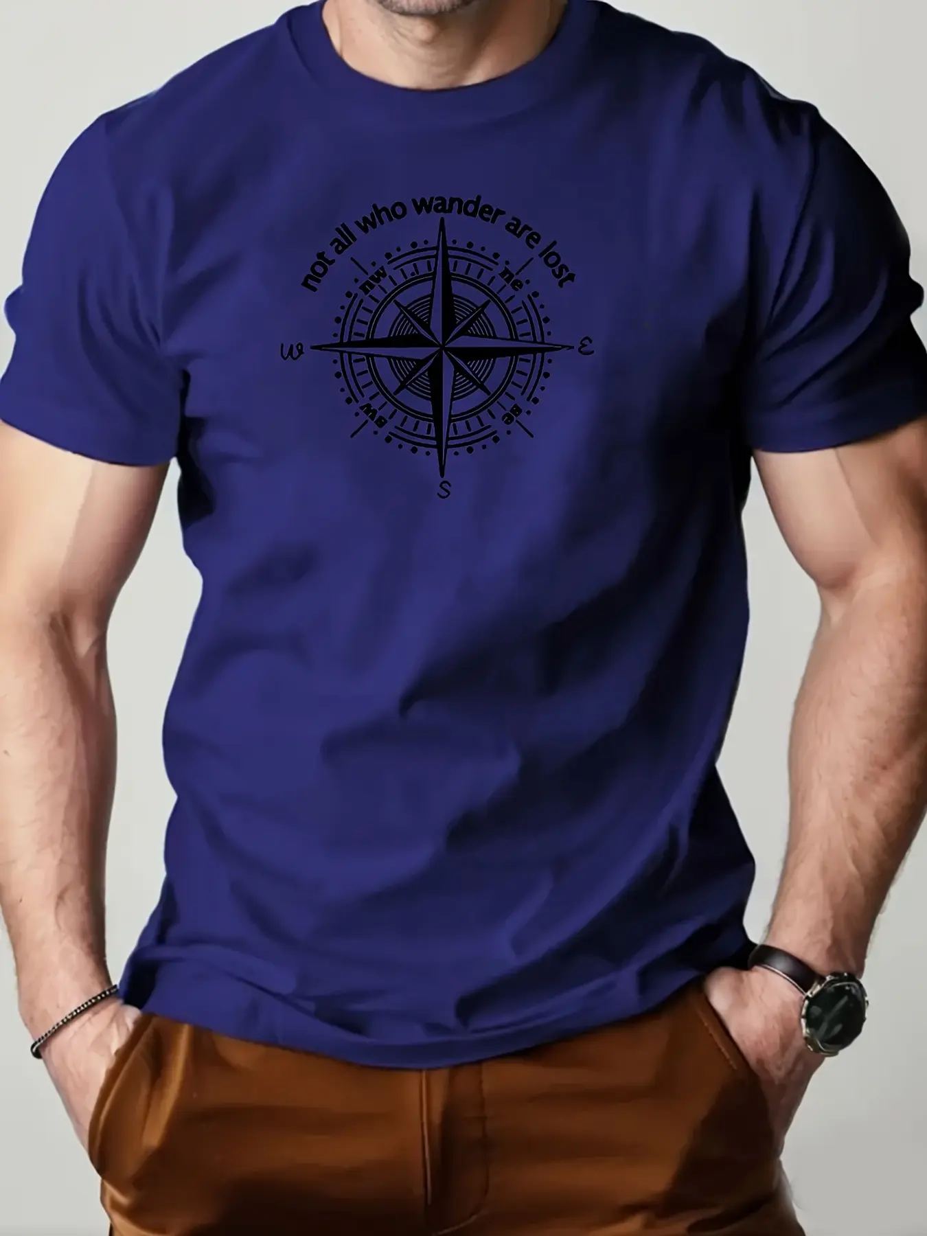 Men's summer 100% pure cotton fashionable casual sports loose compass pattern printed round neck short sleeved T-shirt top