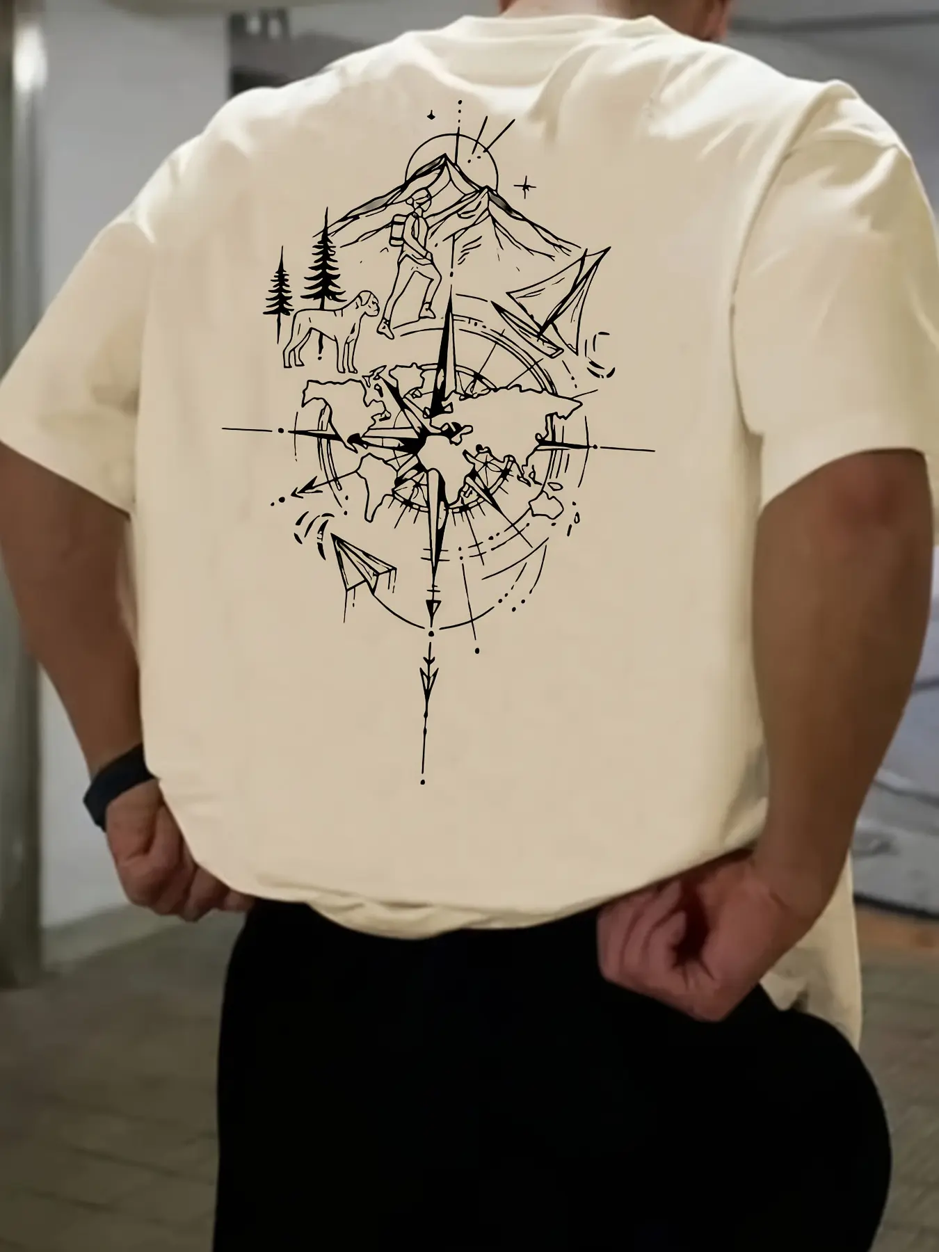 Men's summer 100% pure cotton fashionable casual loose fit plus size compass world map printed round neck short sleeved T-shirt