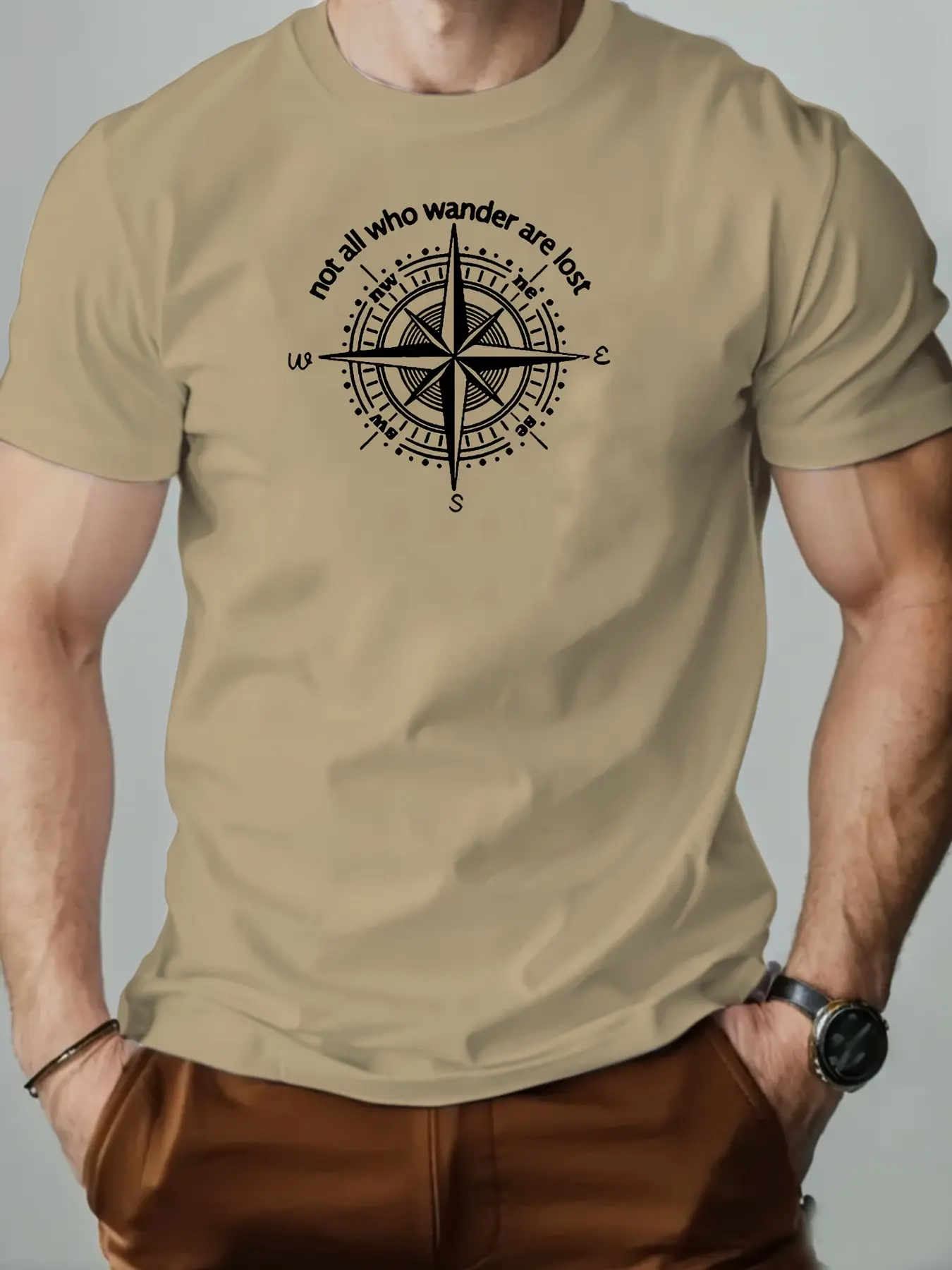 Men's summer 100% pure cotton fashionable casual sports loose compass pattern printed round neck short sleeved T-shirt top