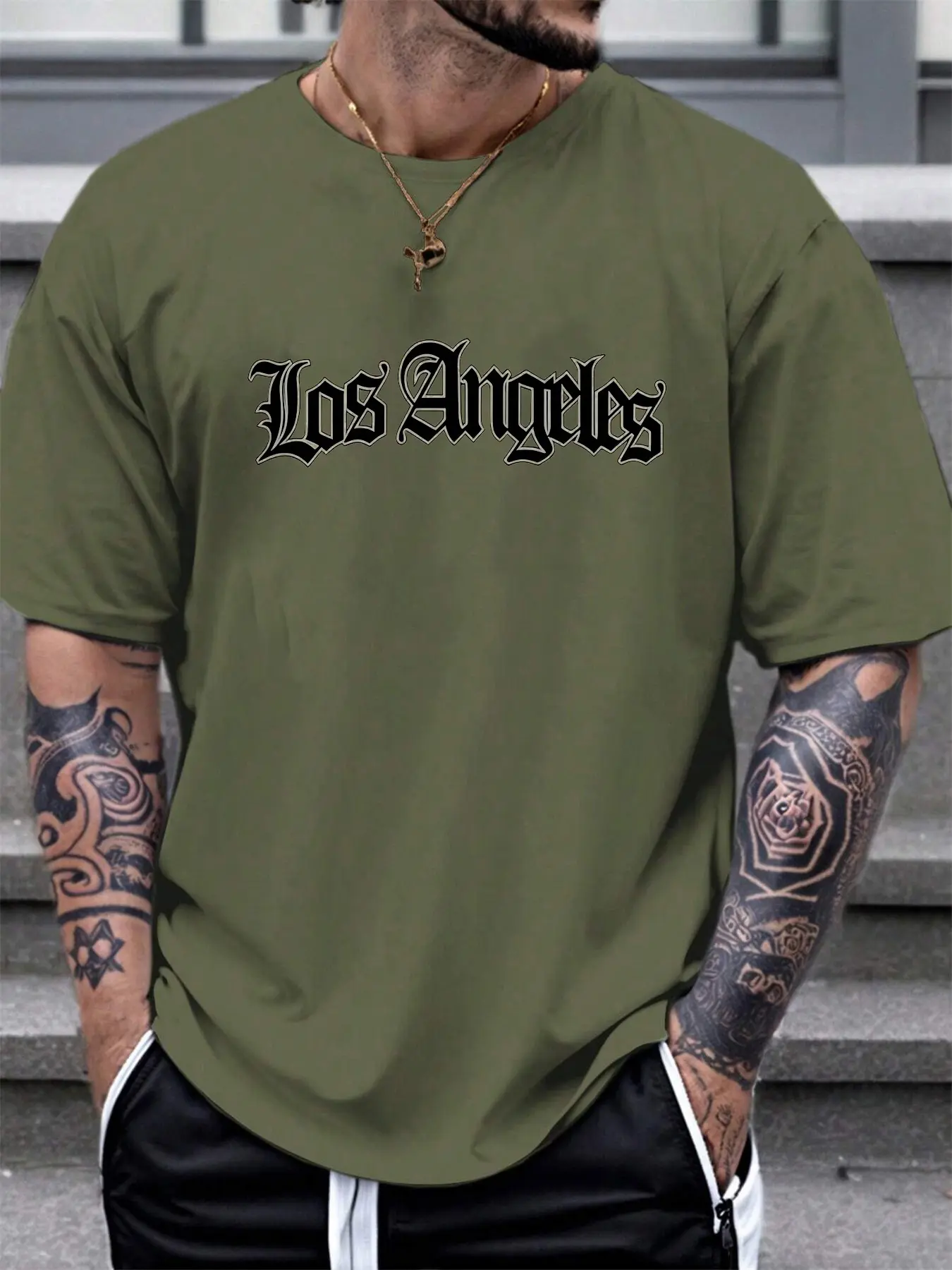 Men's Summer 100% Cotton Fashionable Casual Loose Stylish Los Angeles Letter Graphic Print Round Neck Short Sleeve T-shirt Top