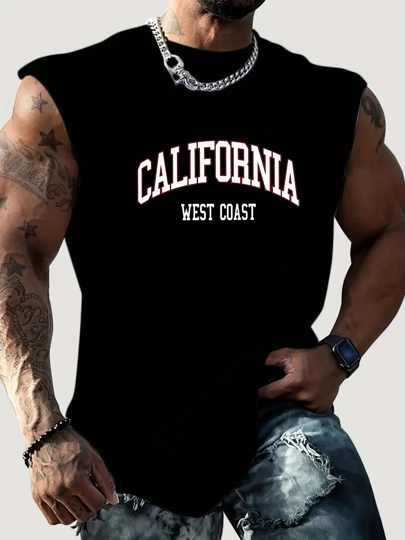 Men's Summer Leisure Sports Fitness Loose California West Coast Printed Comfortable Breathable Round Neck Sleeveless Tank Top