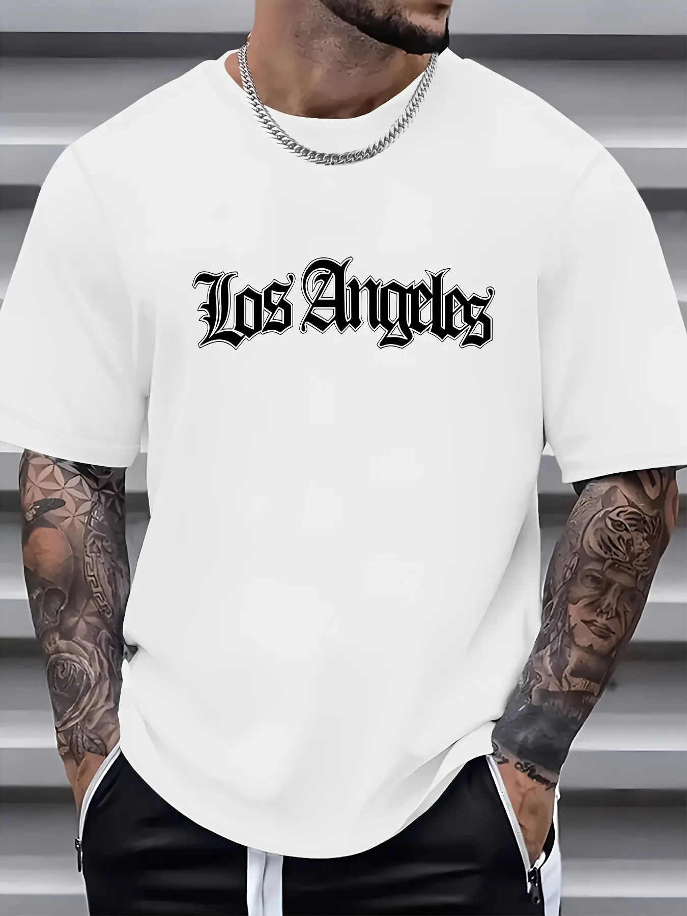 Men's Summer 100% Cotton Fashionable Casual Loose Stylish Los Angeles Letter Graphic Print Round Neck Short Sleeve T-shirt Top