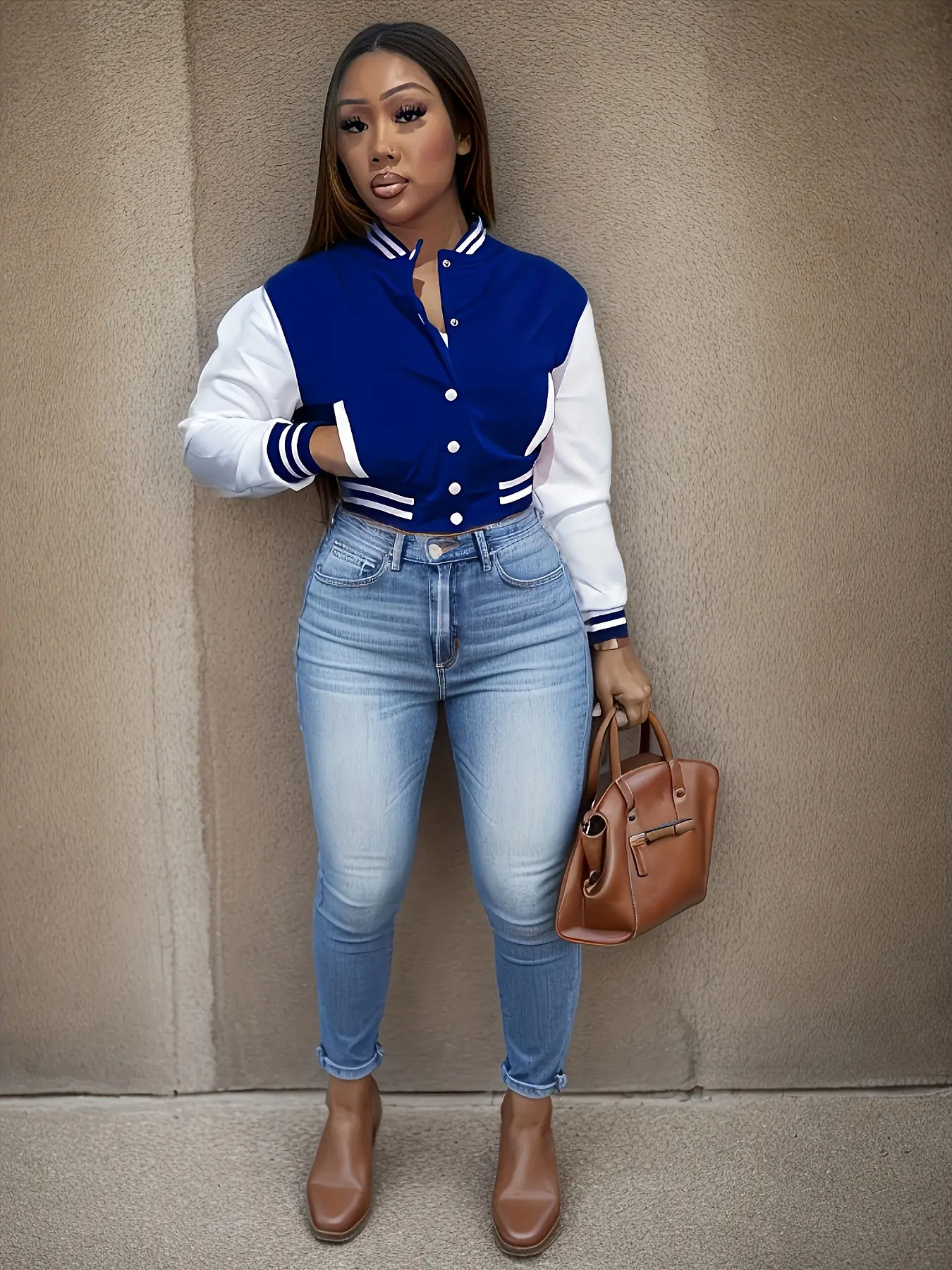 Elegant Women_s Casual Jacket  White Autumn Winter Button Baseball Aviator Cropped Jackets For Women Long Sleeve Crop Outerwear