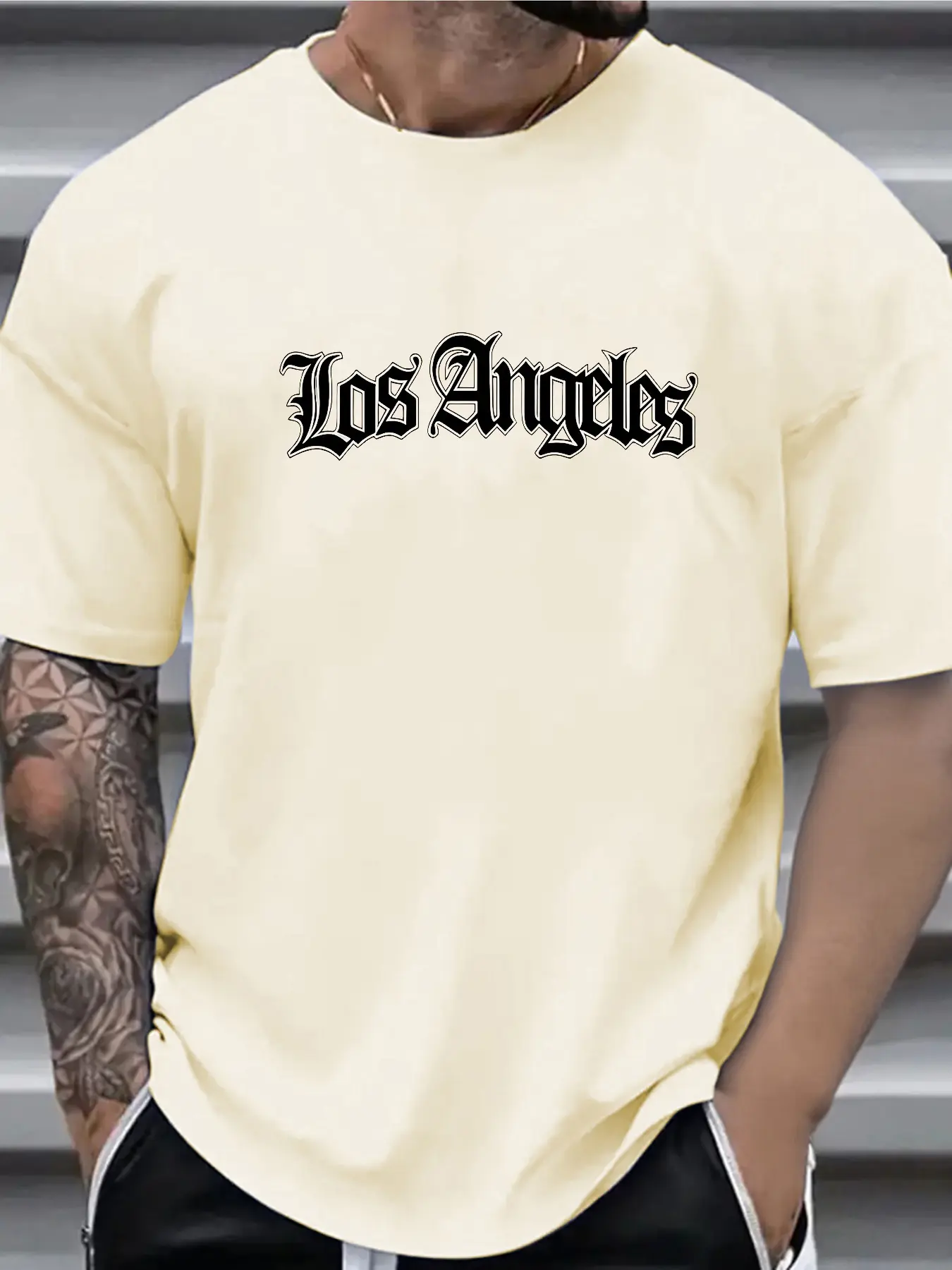 Men's Summer 100% Cotton Fashionable Casual Loose Stylish Los Angeles Letter Graphic Print Round Neck Short Sleeve T-shirt Top