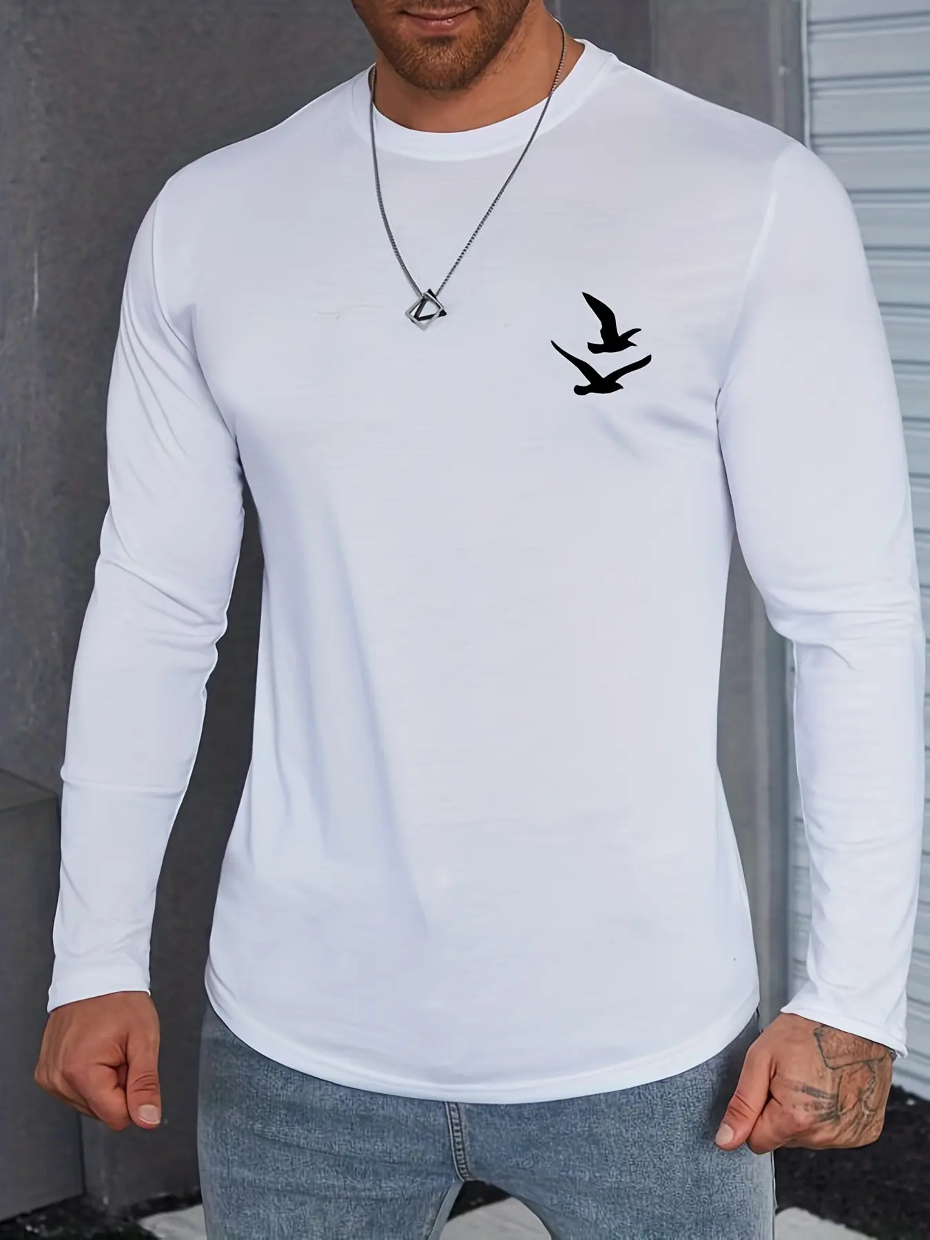 Men's 100% pure cotton comfortable sports casual loose oversized bird pattern printed round neck long sleeved T-shirt top