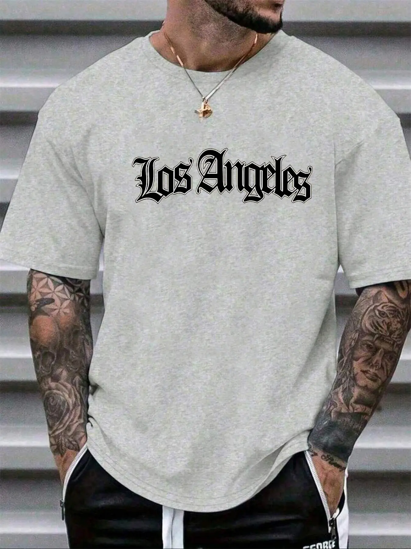 Men's Summer 100% Cotton Fashionable Casual Loose Stylish Los Angeles Letter Graphic Print Round Neck Short Sleeve T-shirt Top