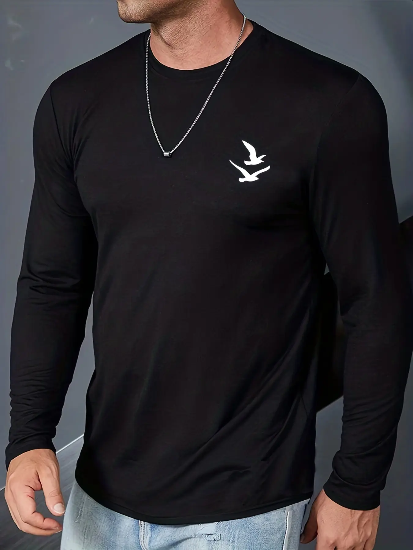 Men's 100% pure cotton comfortable sports casual loose oversized bird pattern printed round neck long sleeved T-shirt top