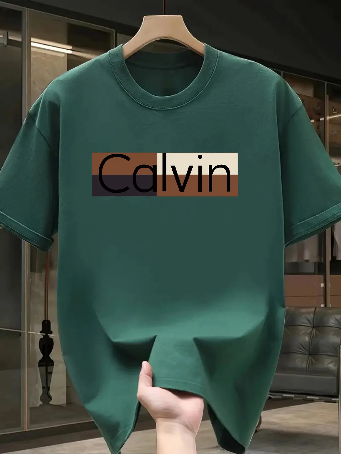 Men's summer 100% pure cotton fashionable casual sports loose Calvin pattern printed round neck short sleeved T-shirt top