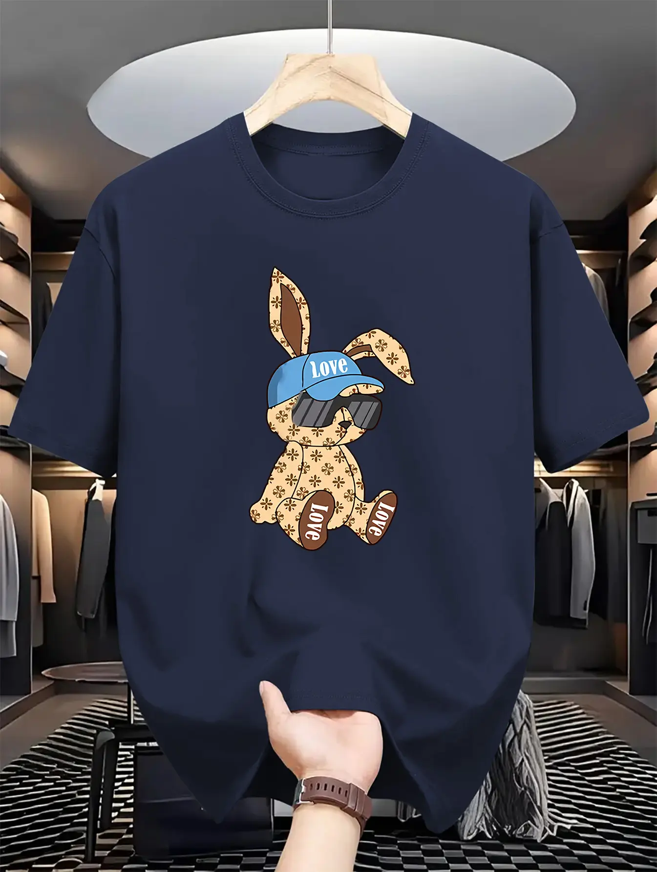 Men's summer 100% pure cotton fashionable casual sports Loose cartoon rabbit print round neck short sleeved T-shirt top