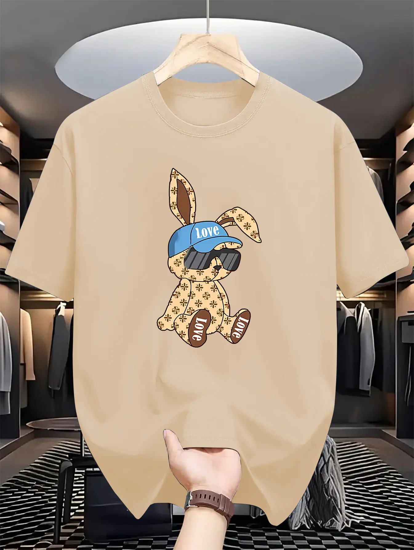 Men's summer 100% pure cotton fashionable casual sports Loose cartoon rabbit print round neck short sleeved T-shirt top
