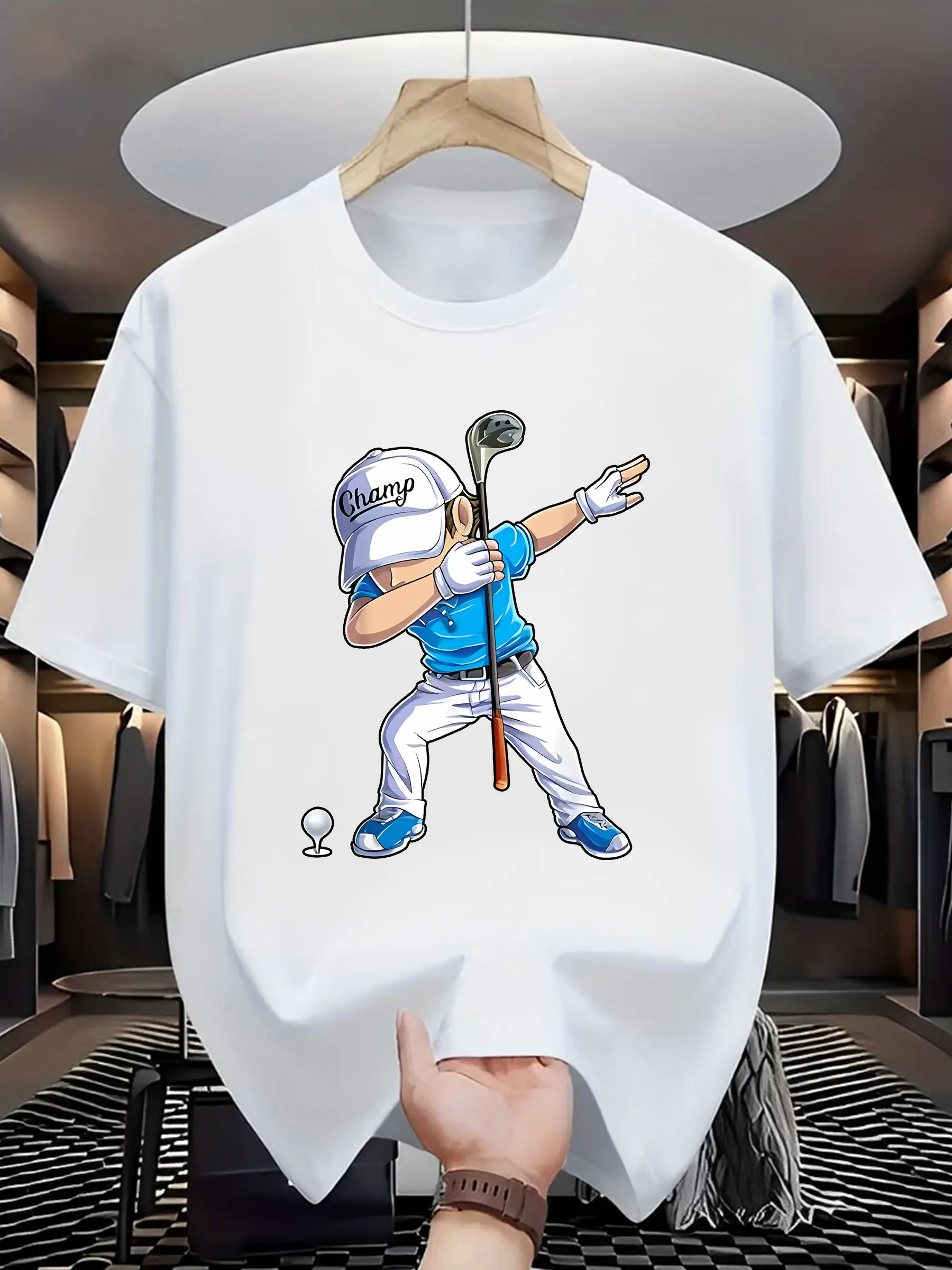 Men's Summer 100% Cotton Fashion Sports Leisure Loose Golf Player Pattern Printed Round Neck Short Sleeve T-shirt Top