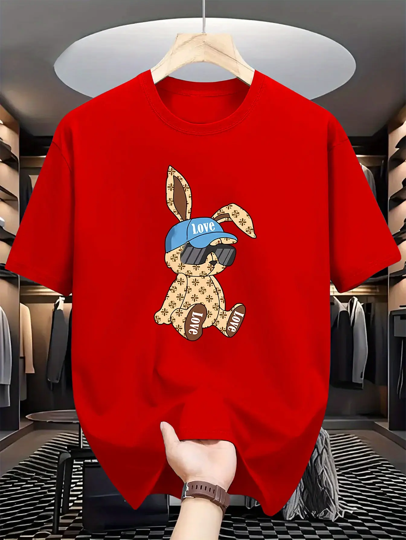 Men's summer 100% pure cotton fashionable casual sports Loose cartoon rabbit print round neck short sleeved T-shirt top