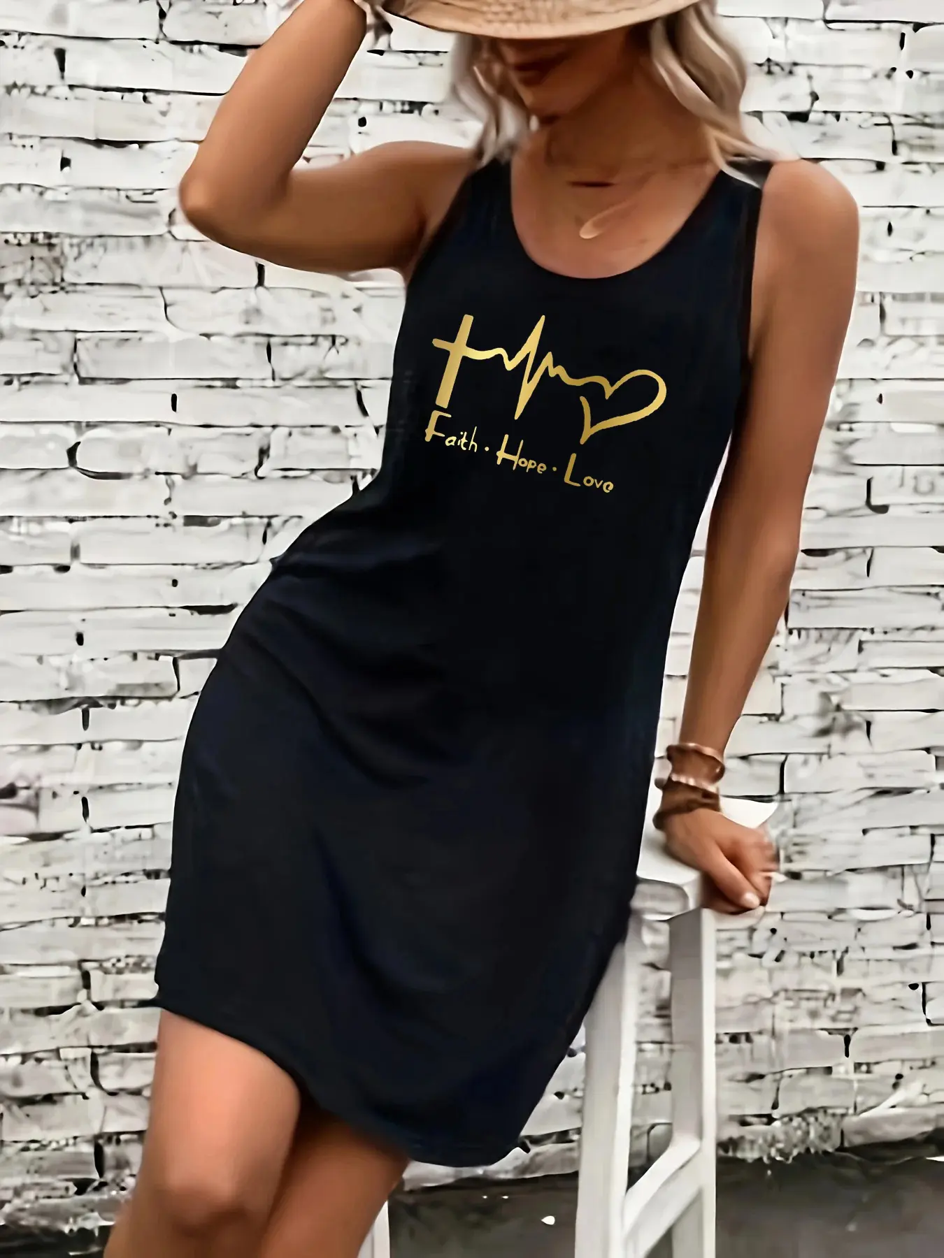 Women's summer loose and comfortable casual FAITH HOPE LOVE letter printed black sleeveless vest dress punk style dress