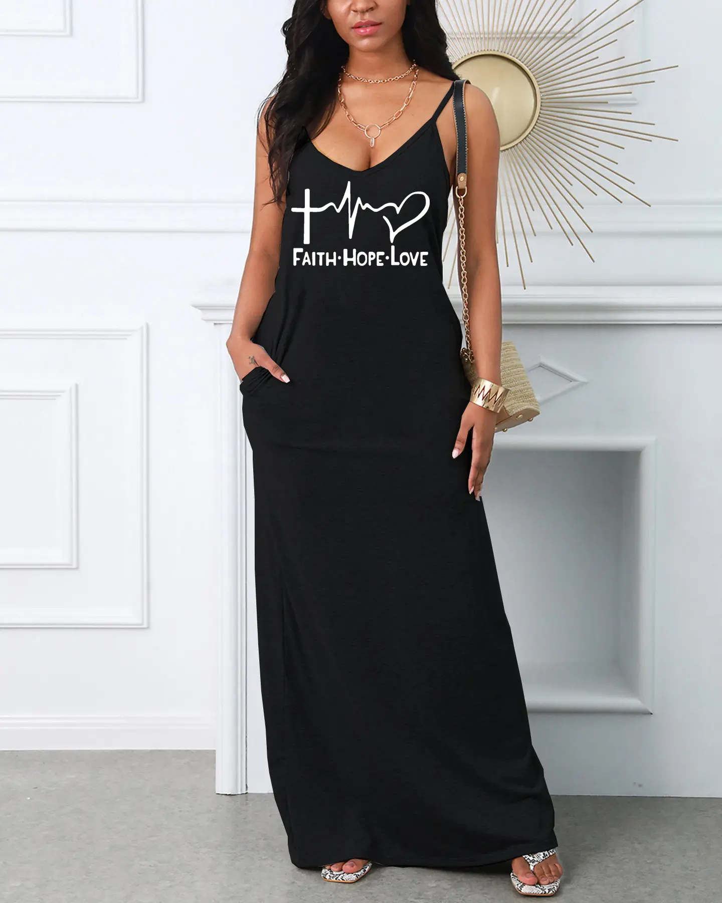 Women's FAITH HOPE LOVE print V-neck strap sexy dress