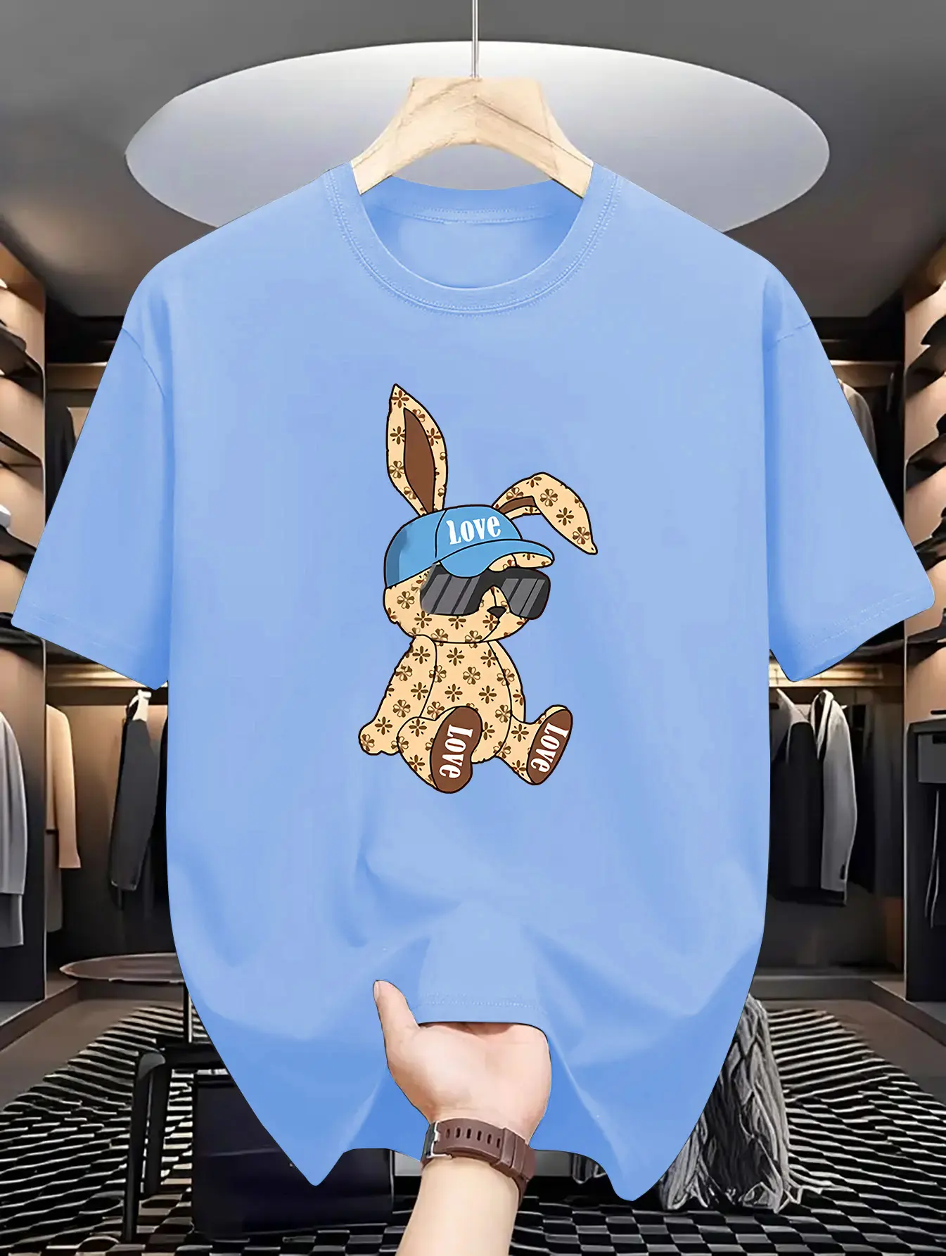 Men's summer 100% pure cotton fashionable casual sports Loose cartoon rabbit print round neck short sleeved T-shirt top