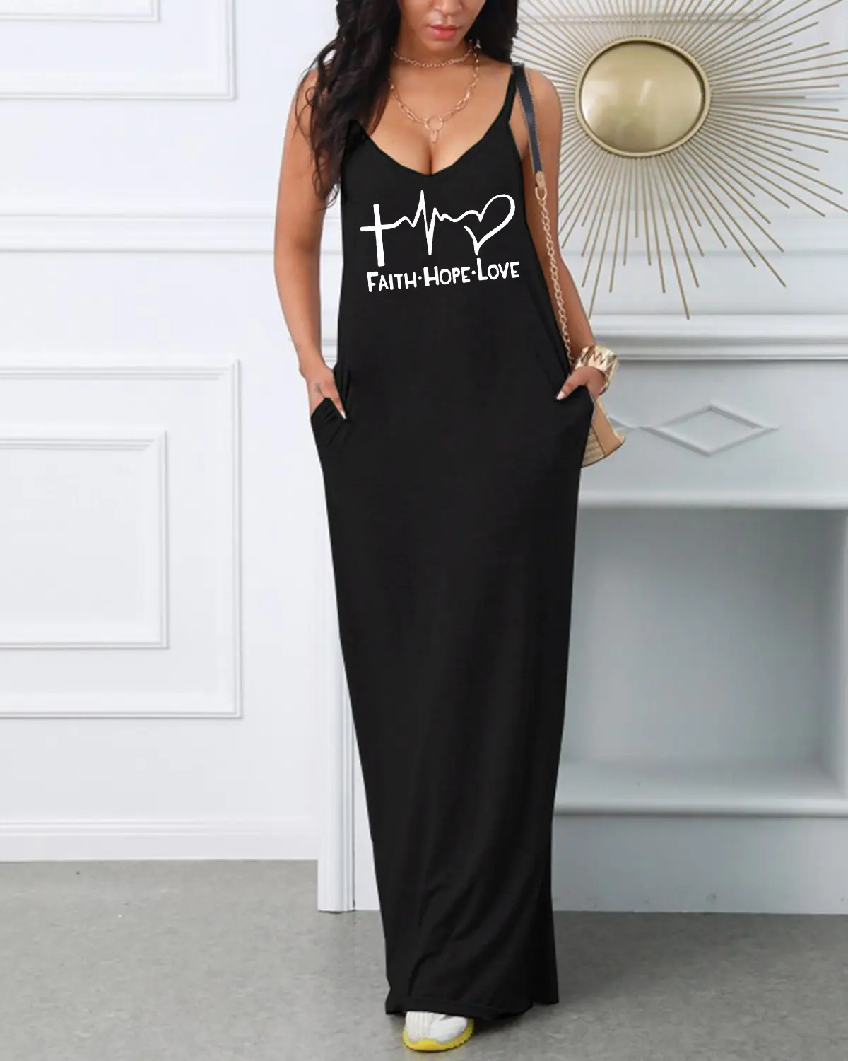 Women's FAITH HOPE LOVE print V-neck strap sexy dress