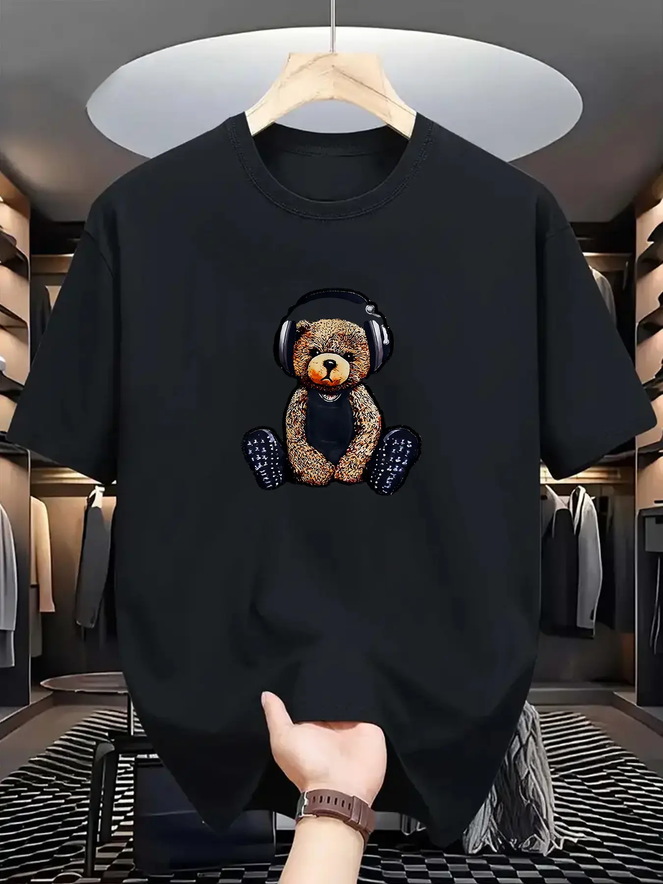 Men's Summer 100% Cotton Fashionable Casual Sports Loose Teddy Bear Headphones Print Round Neck Short Sleeve T-shirt Top