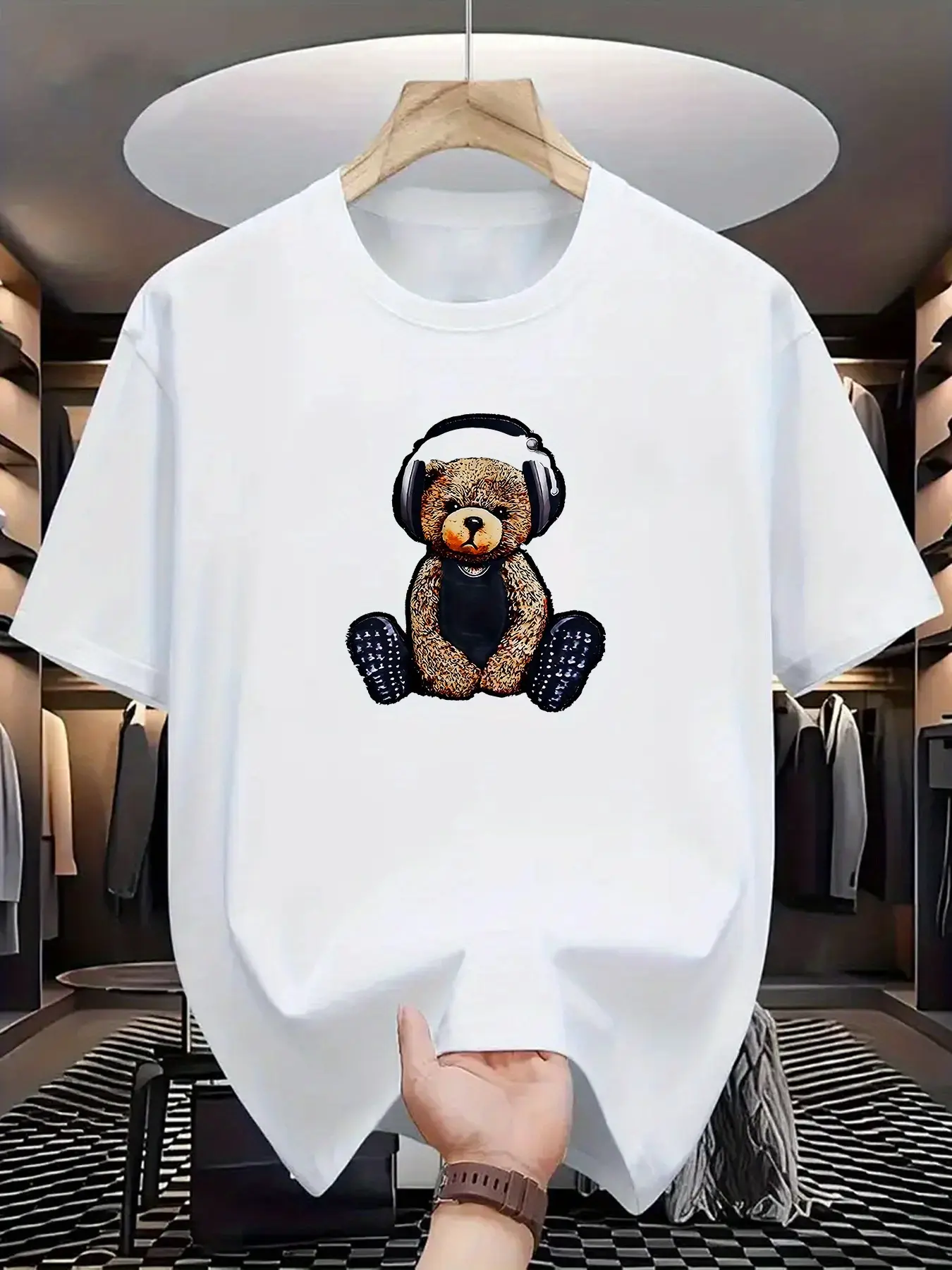 Men's Summer 100% Cotton Fashionable Casual Sports Loose Teddy Bear Headphones Print Round Neck Short Sleeve T-shirt Top