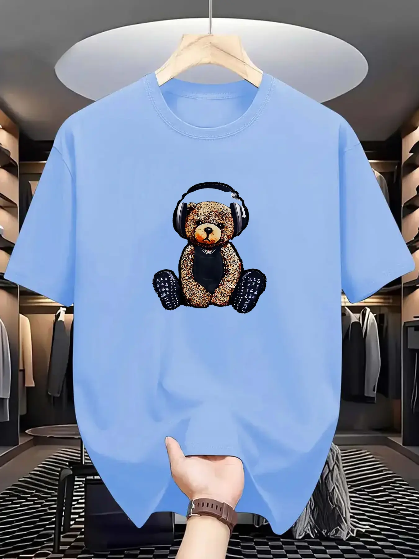 Men's Summer 100% Cotton Fashionable Casual Sports Loose Teddy Bear Headphones Print Round Neck Short Sleeve T-shirt Top