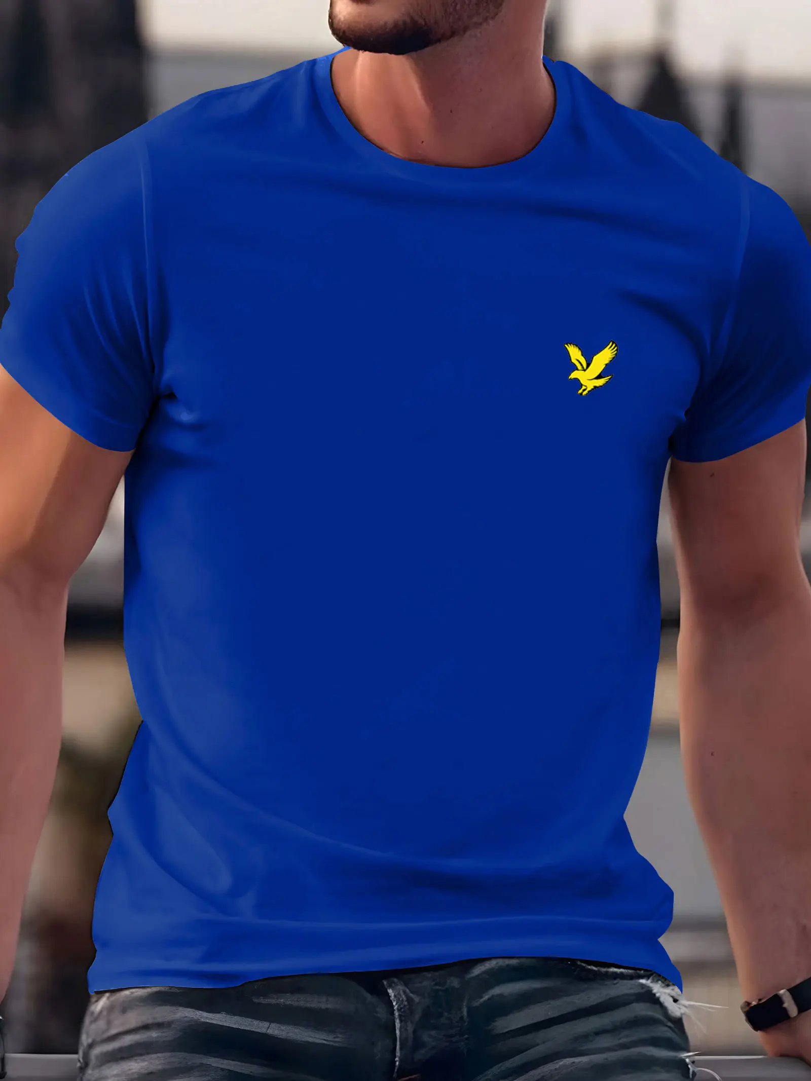 Summer men's 100% pure cotton casual comfortable loose oversized eagle pattern printed sports round neck short sleeved T-shirt