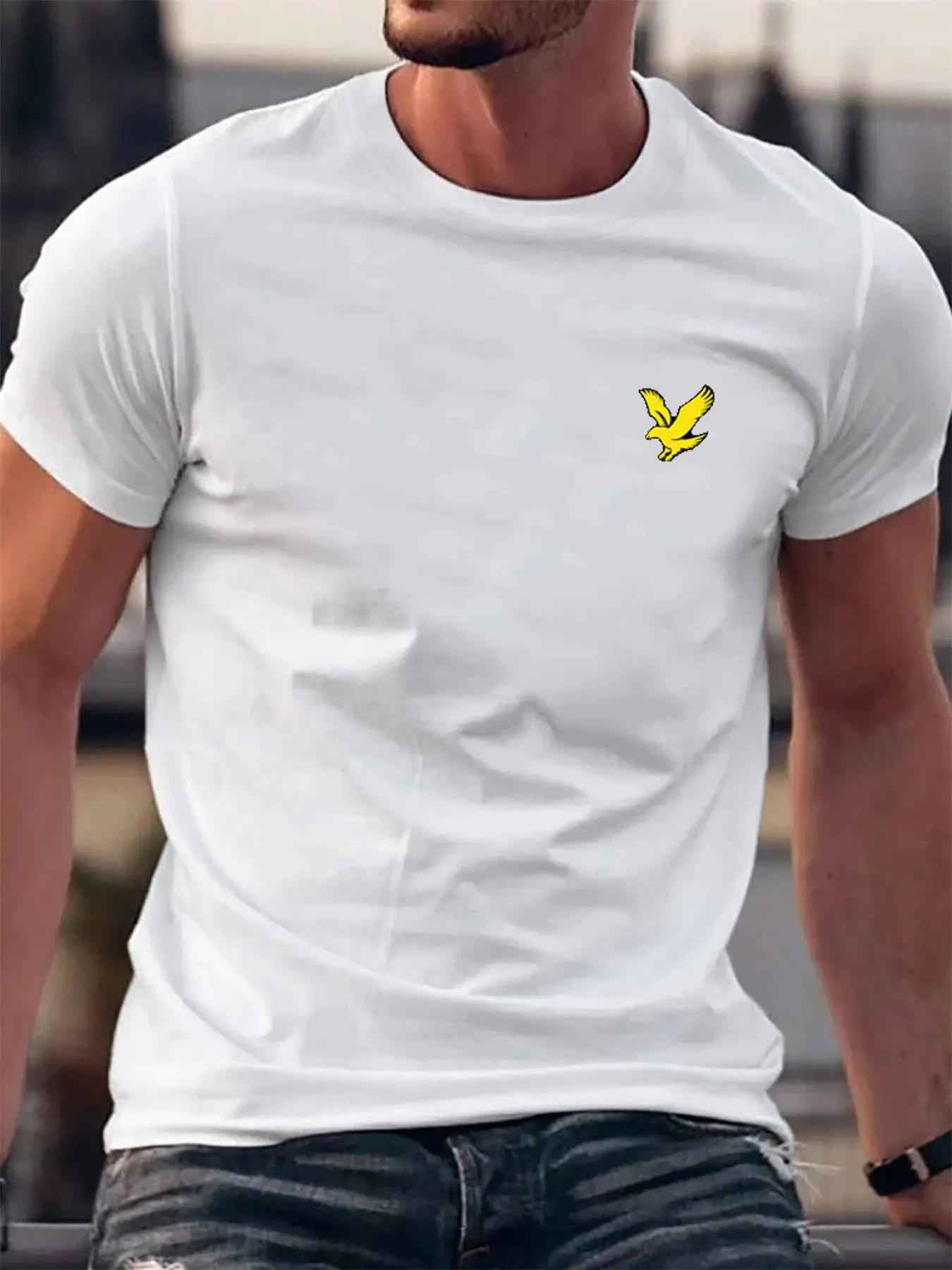 Summer men's 100% pure cotton casual comfortable loose oversized eagle pattern printed sports round neck short sleeved T-shirt