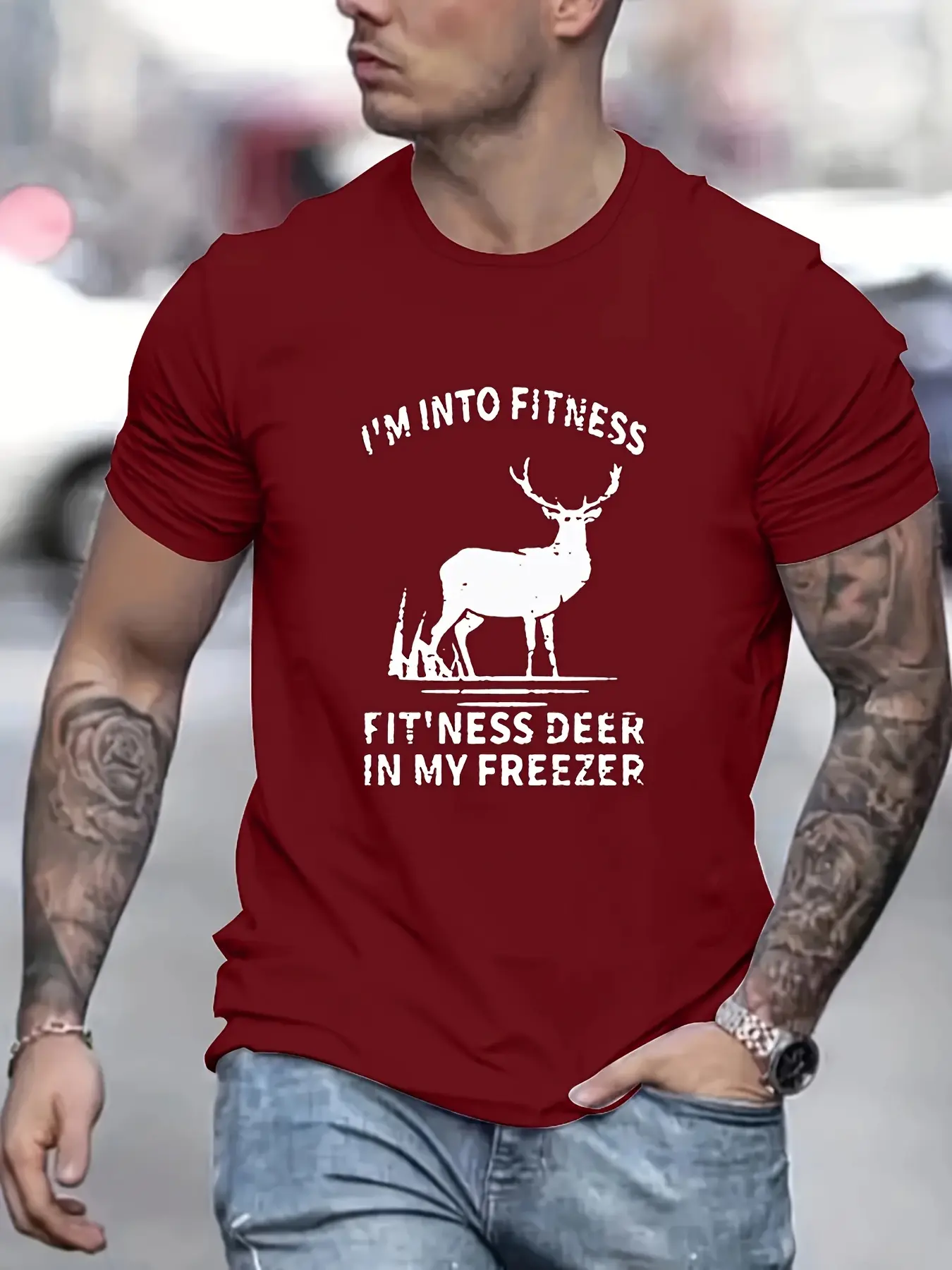 Men's Summer 100% Cotton Fashion Casual Loose Personalized Fashion Deer Pattern Round Neck Short Sleeve T-shirt Top