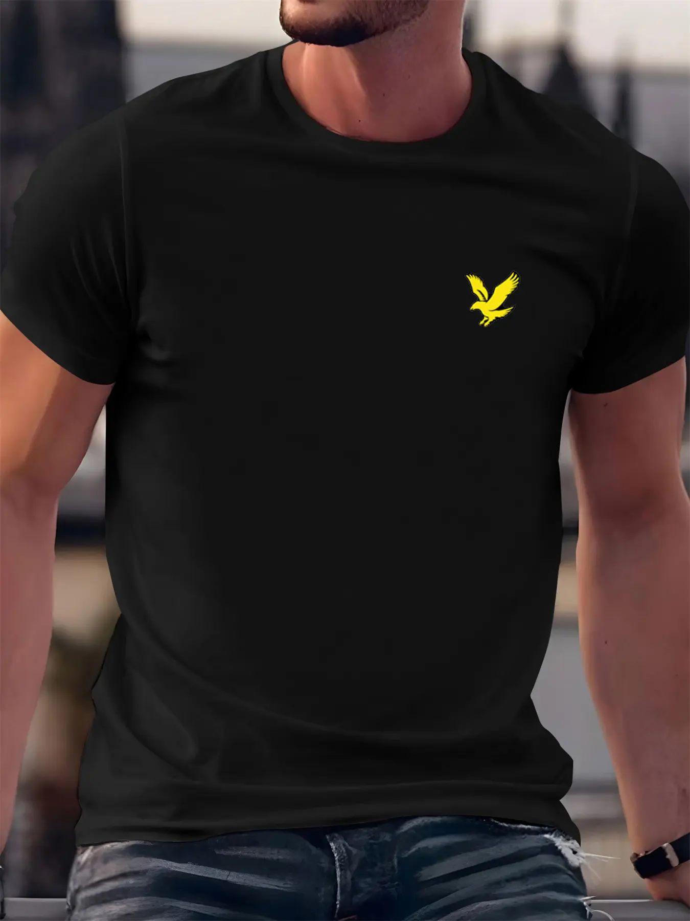 Summer men's 100% pure cotton casual comfortable loose oversized eagle pattern printed sports round neck short sleeved T-shirt