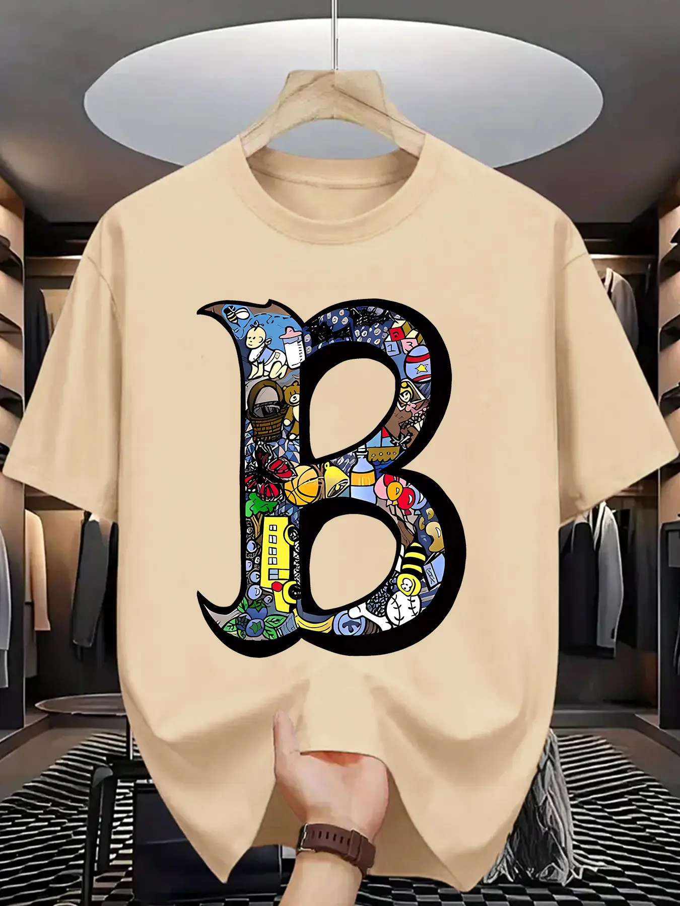 Summer men's 100 cotton sports casual fashionable loose plus size creative B-letter printed round neck short sleeved T-shirt top