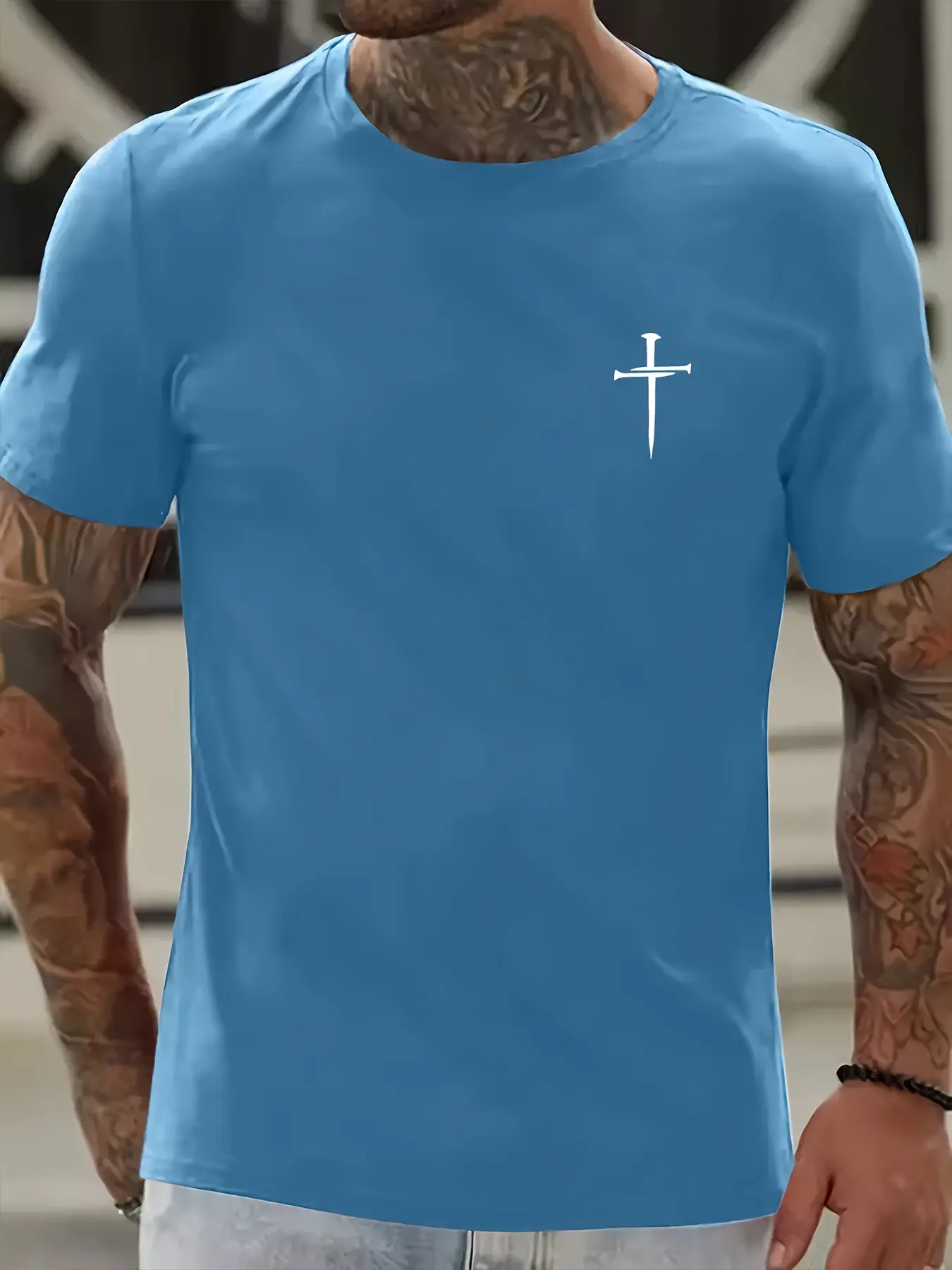 Men's Summer 100% Cotton Fashionable Casual Loose Large Size Faith Cross Printed Round Neck Short Sleeve T-shirt Top