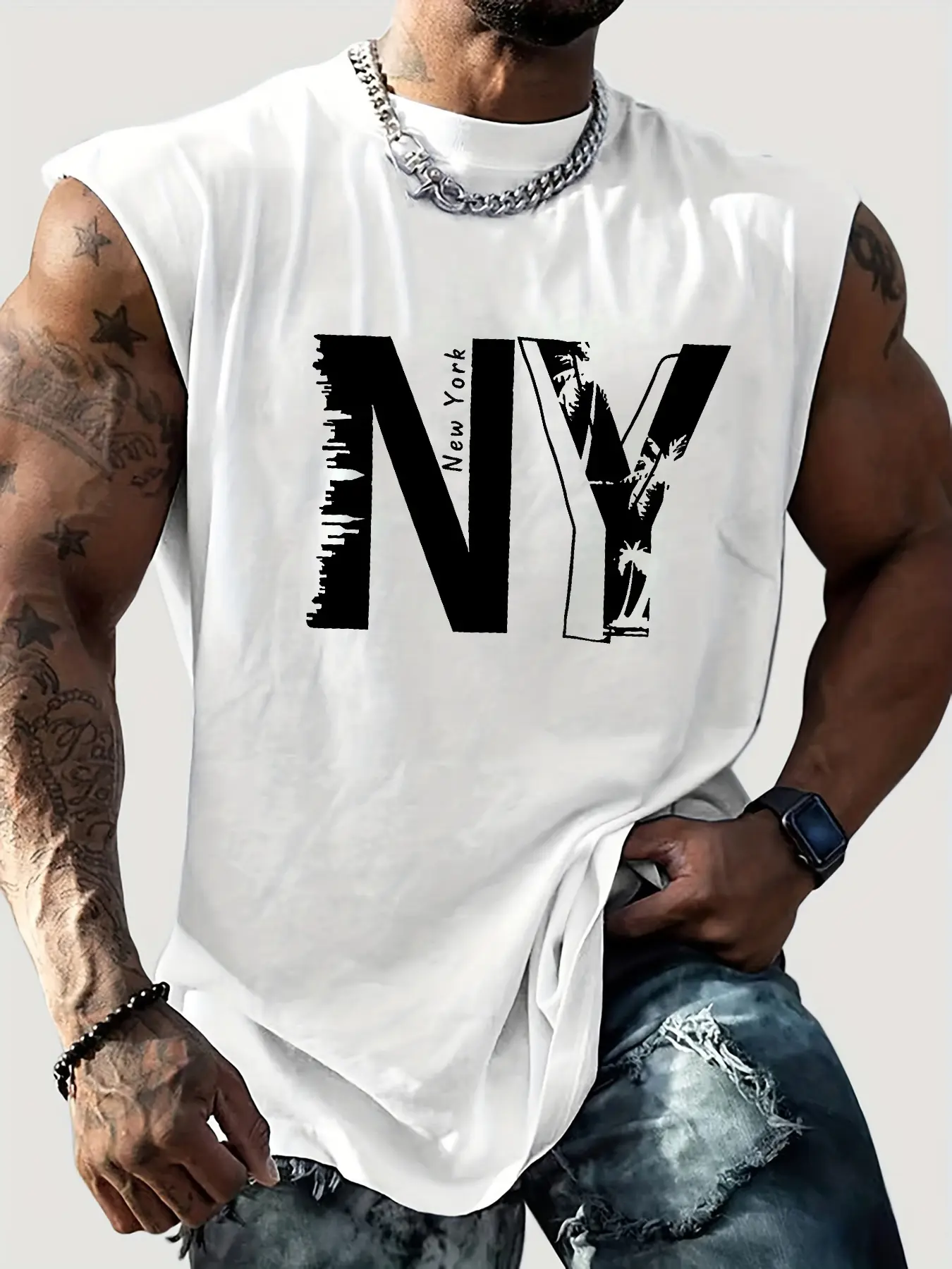 Men's Summer Leisure Sports Fitness Loose New York NY Printed Comfortable Breathable Round Neck Sleeveless Tank Top