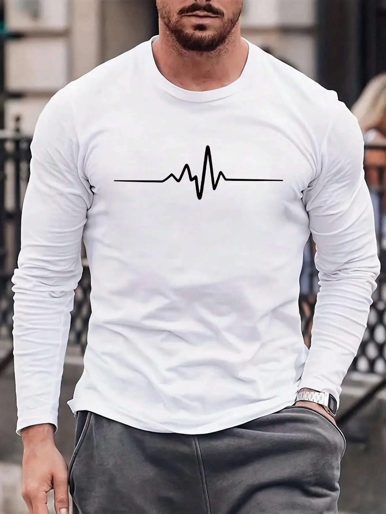 Men's 100% pure cotton summer loose comfortable casual print large round neck  long sleeve T-shirt top