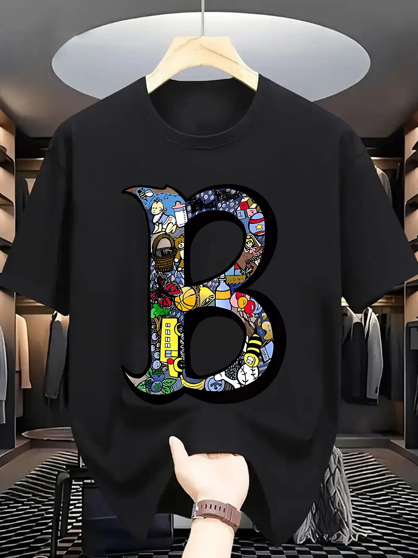 Summer men's 100 cotton sports casual fashionable loose plus size creative B-letter printed round neck short sleeved T-shirt top