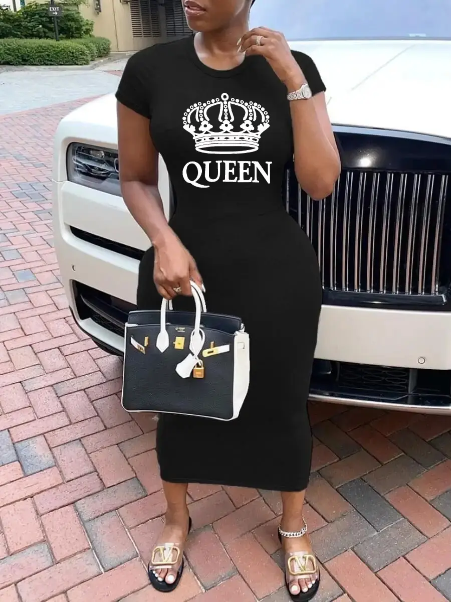 Women's Summer QUEEN Crown Print Large Casual Slim Fit Round Comfortable Breathable Casual Fashion Neck Short Sleeve Sexy Dress