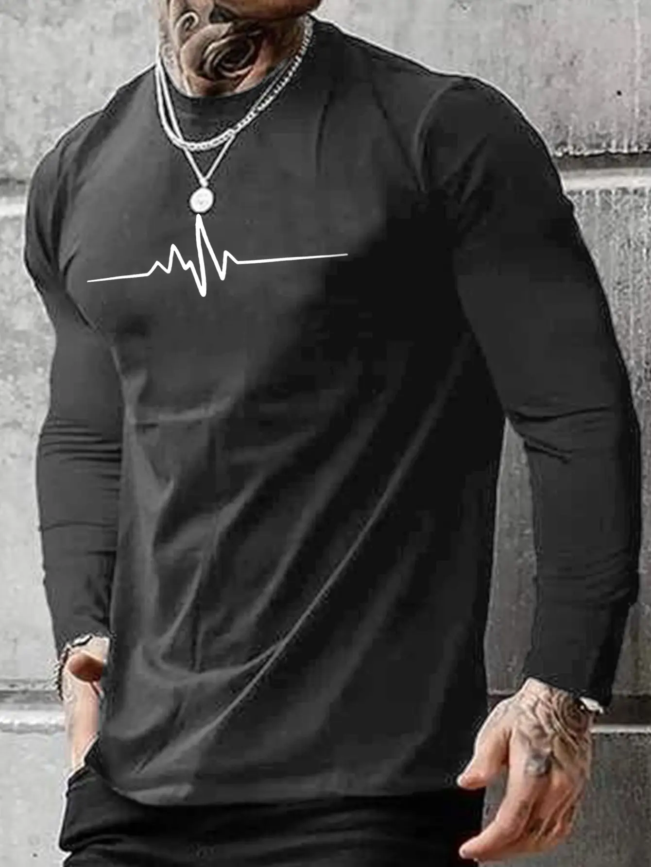 Men's 100% pure cotton summer loose comfortable casual print large round neck  long sleeve T-shirt top