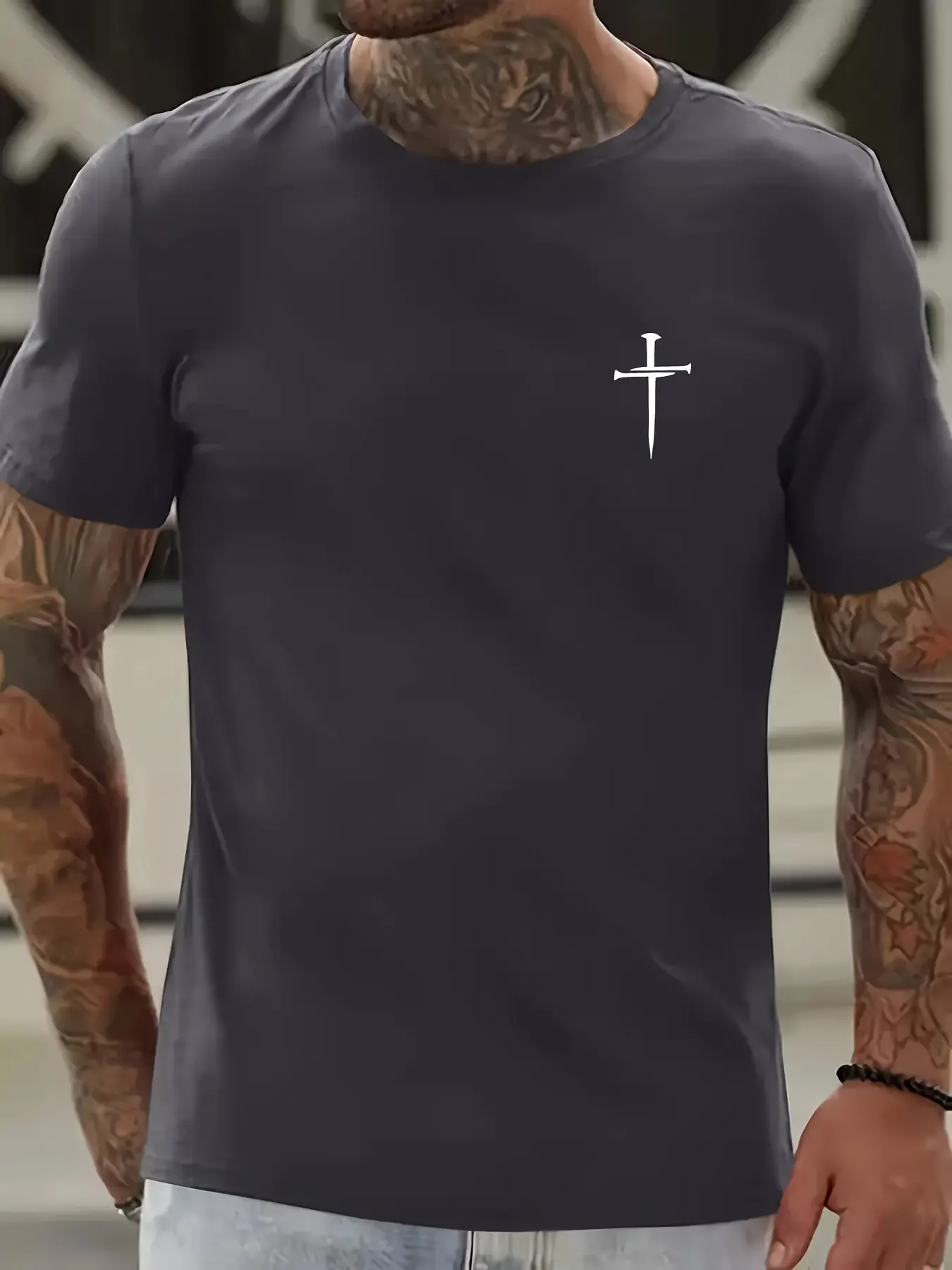 Men's Summer 100% Cotton Fashionable Casual Loose Large Size Faith Cross Printed Round Neck Short Sleeve T-shirt Top