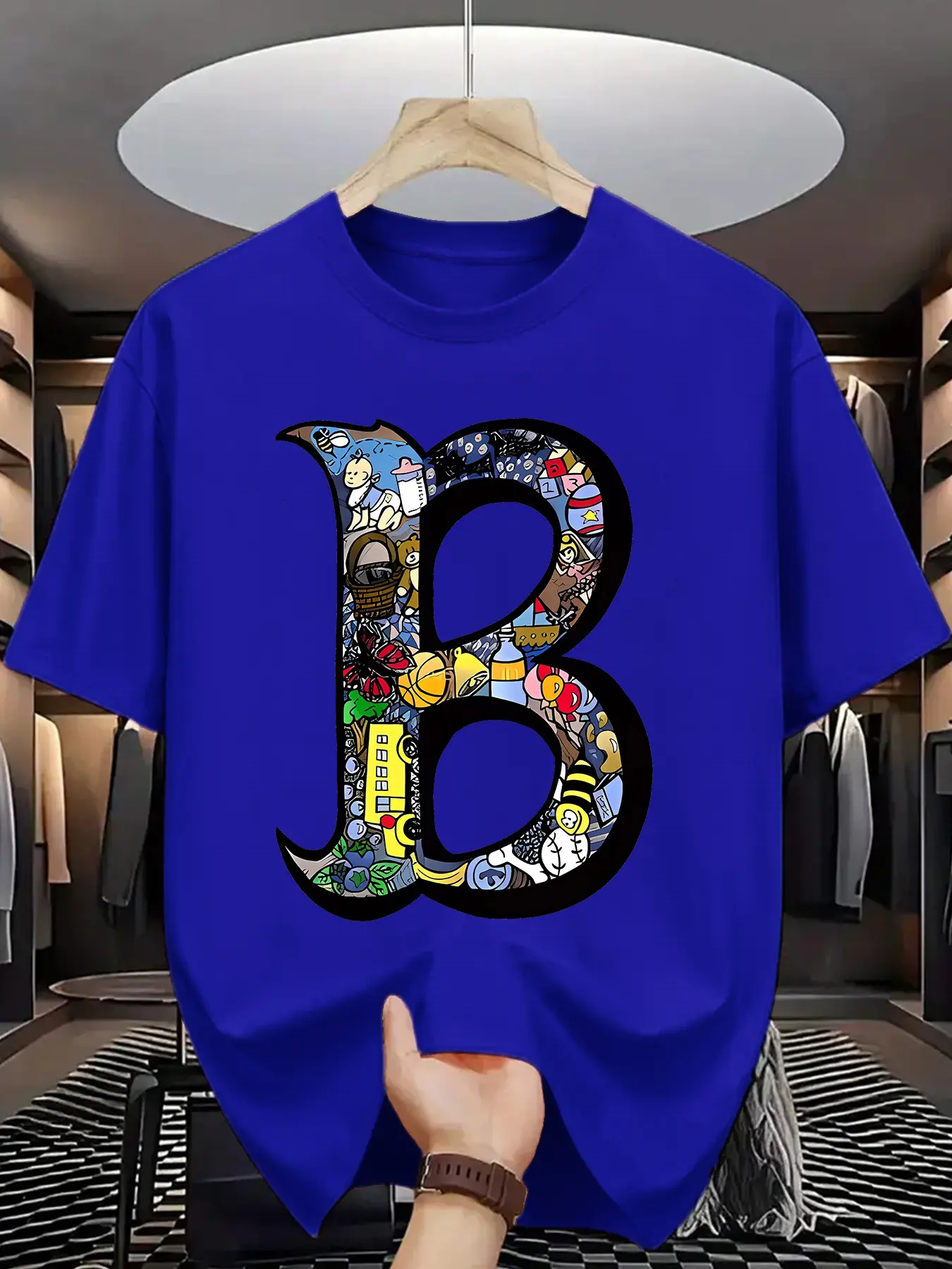 Summer men's 100 cotton sports casual fashionable loose plus size creative B-letter printed round neck short sleeved T-shirt top